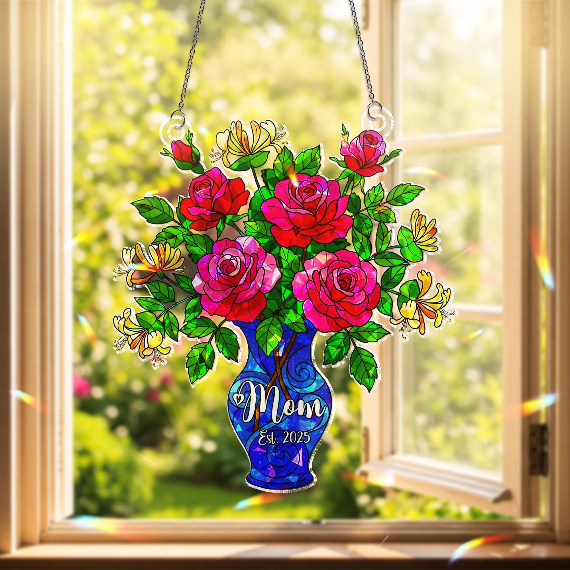 Personalized Mom Est. 2025 Rose and Honeysuckle Hologram Acrylic Window Hanging, Mothers Day Gift, New Mom Keepsake Ornament, June Birth
