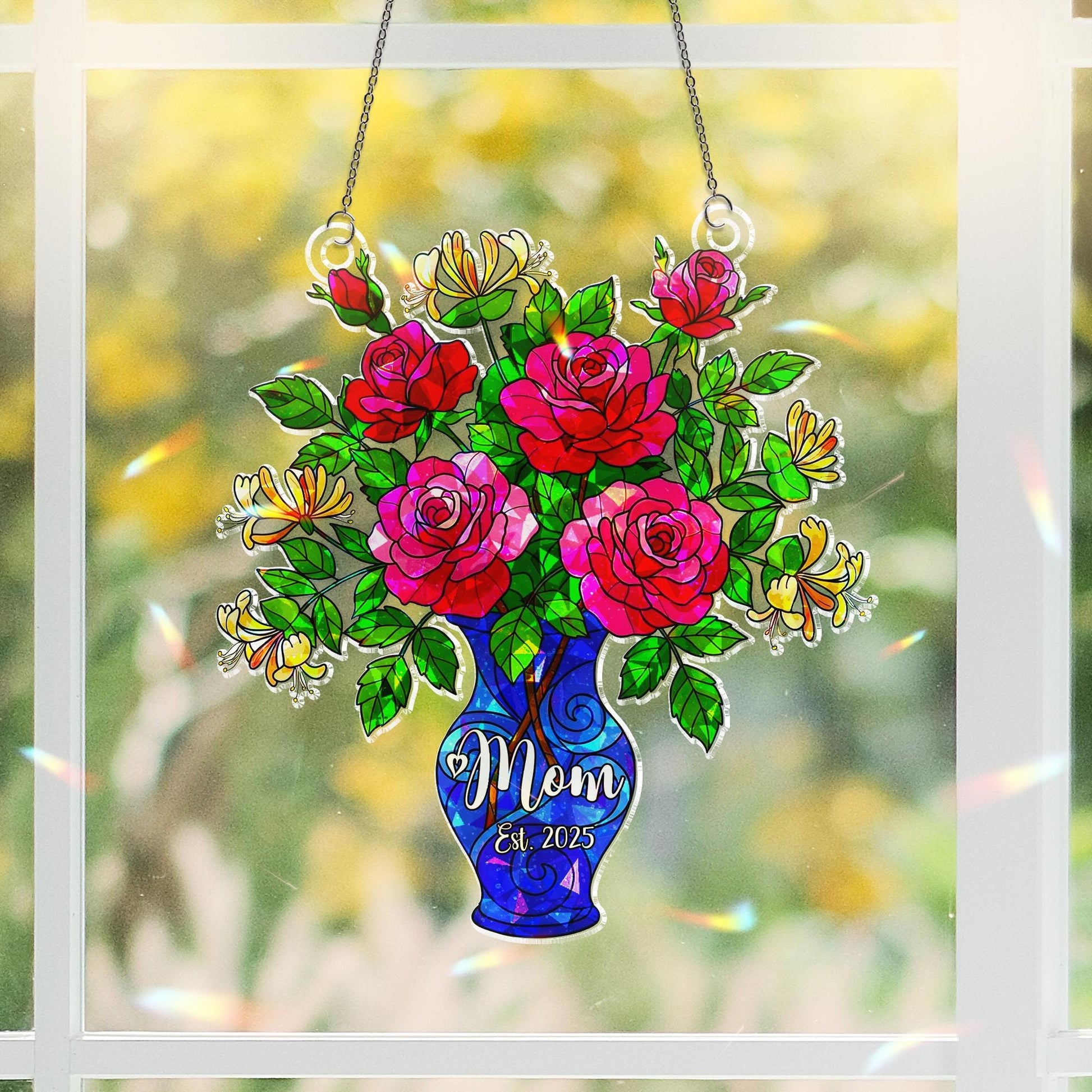 Personalized Mom Est. 2025 Rose and Honeysuckle Hologram Acrylic Window Hanging, Mothers Day Gift, New Mom Keepsake Ornament, June Birth