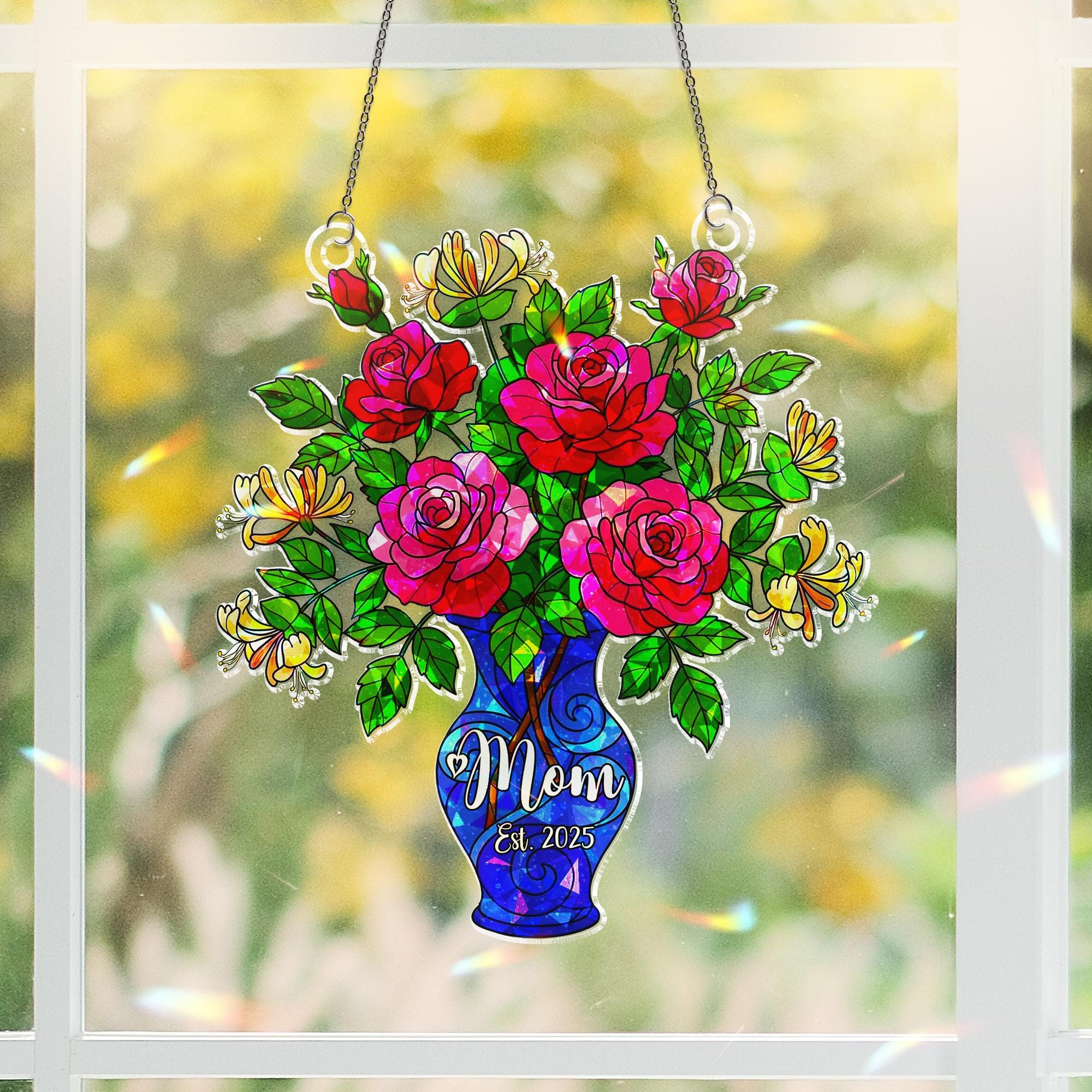 Personalized Mom Est. 2025 Rose and Honeysuckle Hologram Acrylic Window Hanging, Mothers Day Gift, New Mom Keepsake Ornament, June Birth