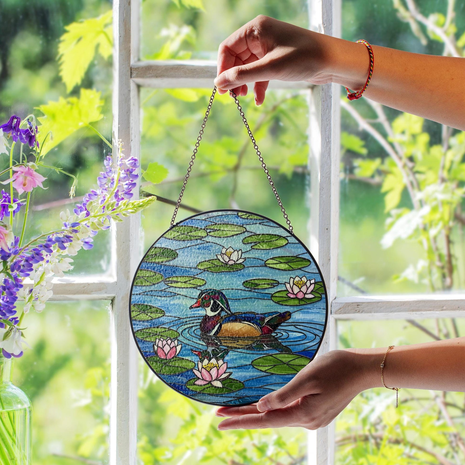 Double-crested Cormorant  Glass Suncatcher with Lotus Flowers - Glass Water Bird Window Decor - Peaceful Pond Wildlife Gift