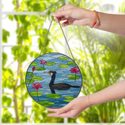 Double-crested Cormorant  Glass Suncatcher with Lotus Flowers - Glass Water Bird Window Decor - Peaceful Pond Wildlife Gift