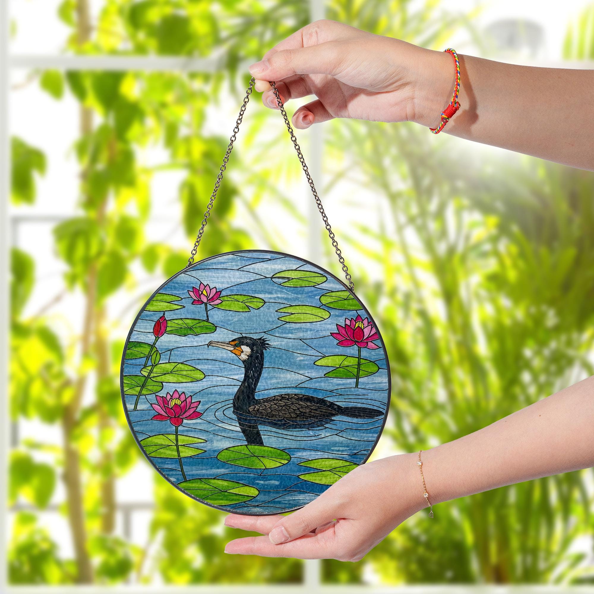 Double-crested Cormorant  Glass Suncatcher with Lotus Flowers - Glass Water Bird Window Decor - Peaceful Pond Wildlife Gift
