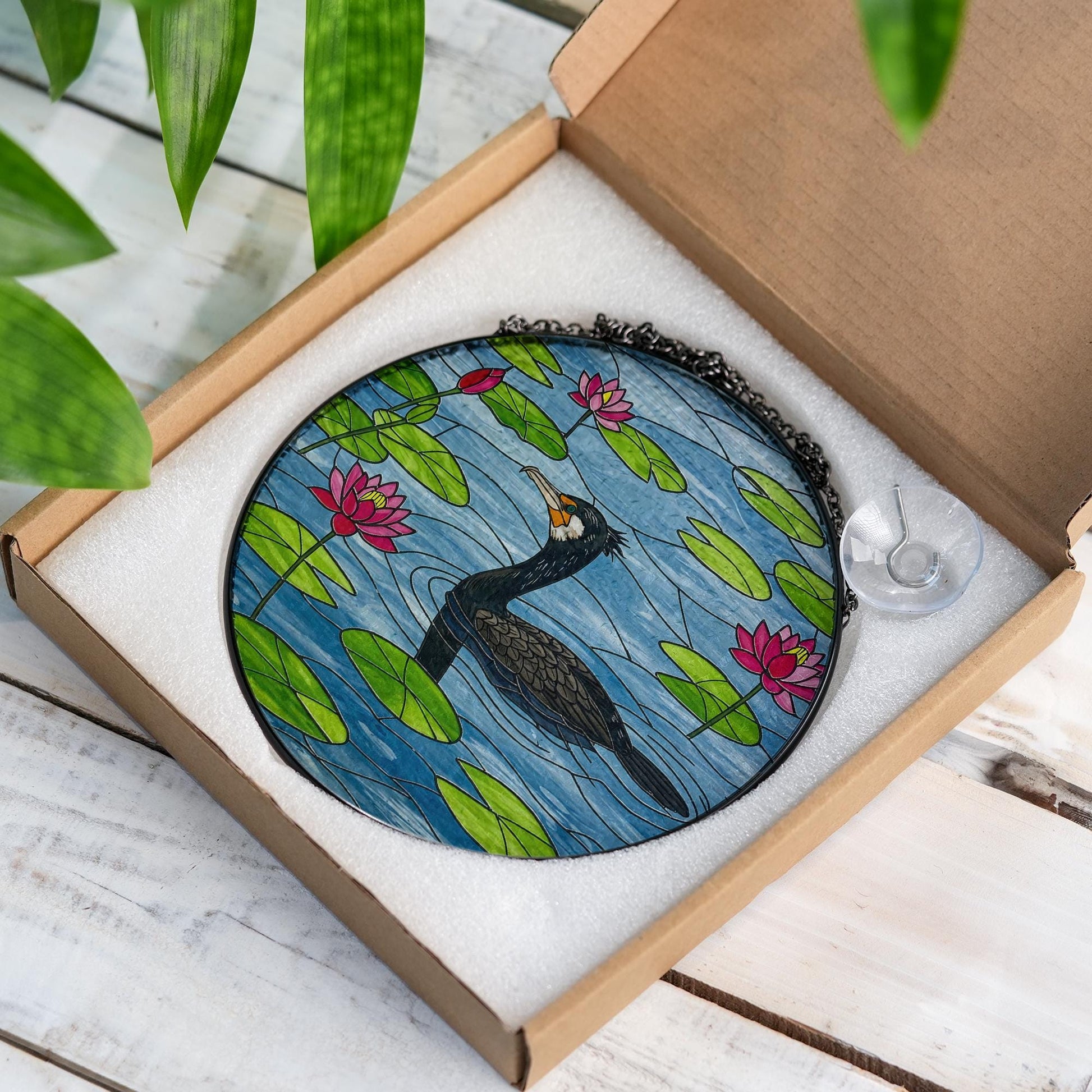 Double-crested Cormorant  Glass Suncatcher with Lotus Flowers - Glass Water Bird Window Decor - Peaceful Pond Wildlife Gift