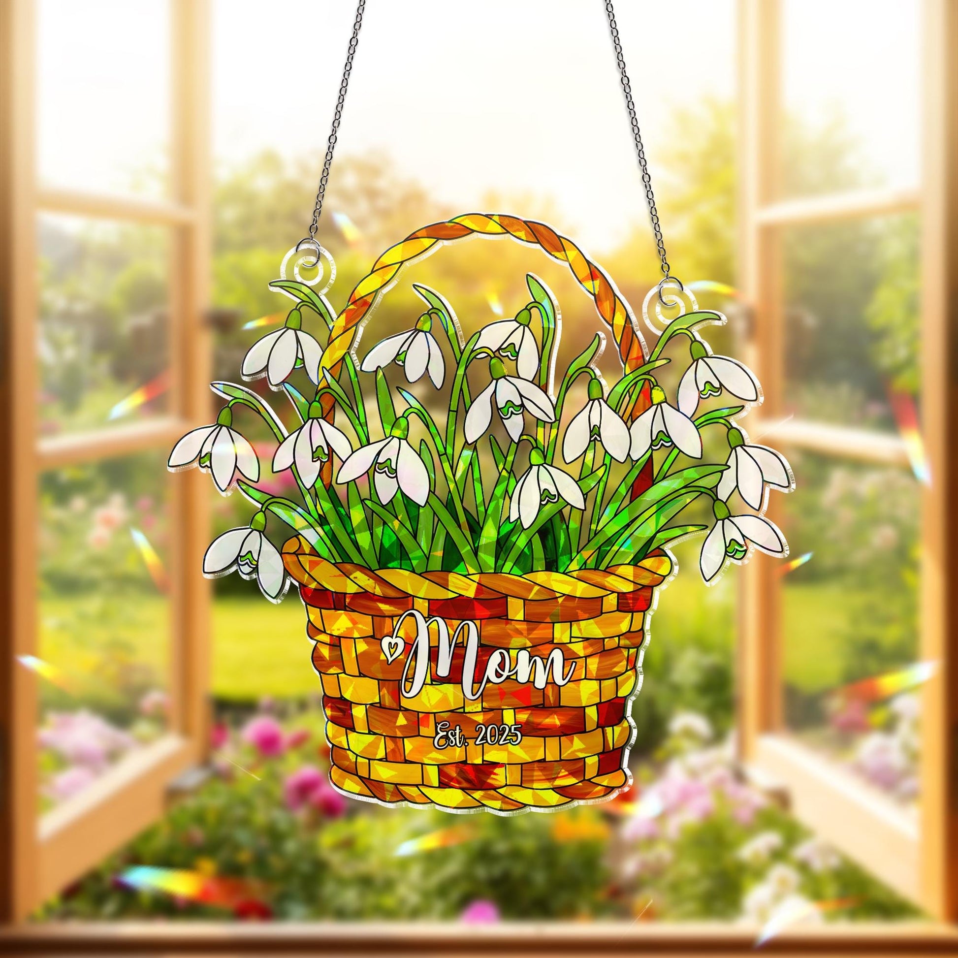 Personalized Mom Gift Snowdrop Basket Acrylic Window Hanging Ornament, January Birth Flower Ornament, Mother's Day 2025 Decor, Custom Gift