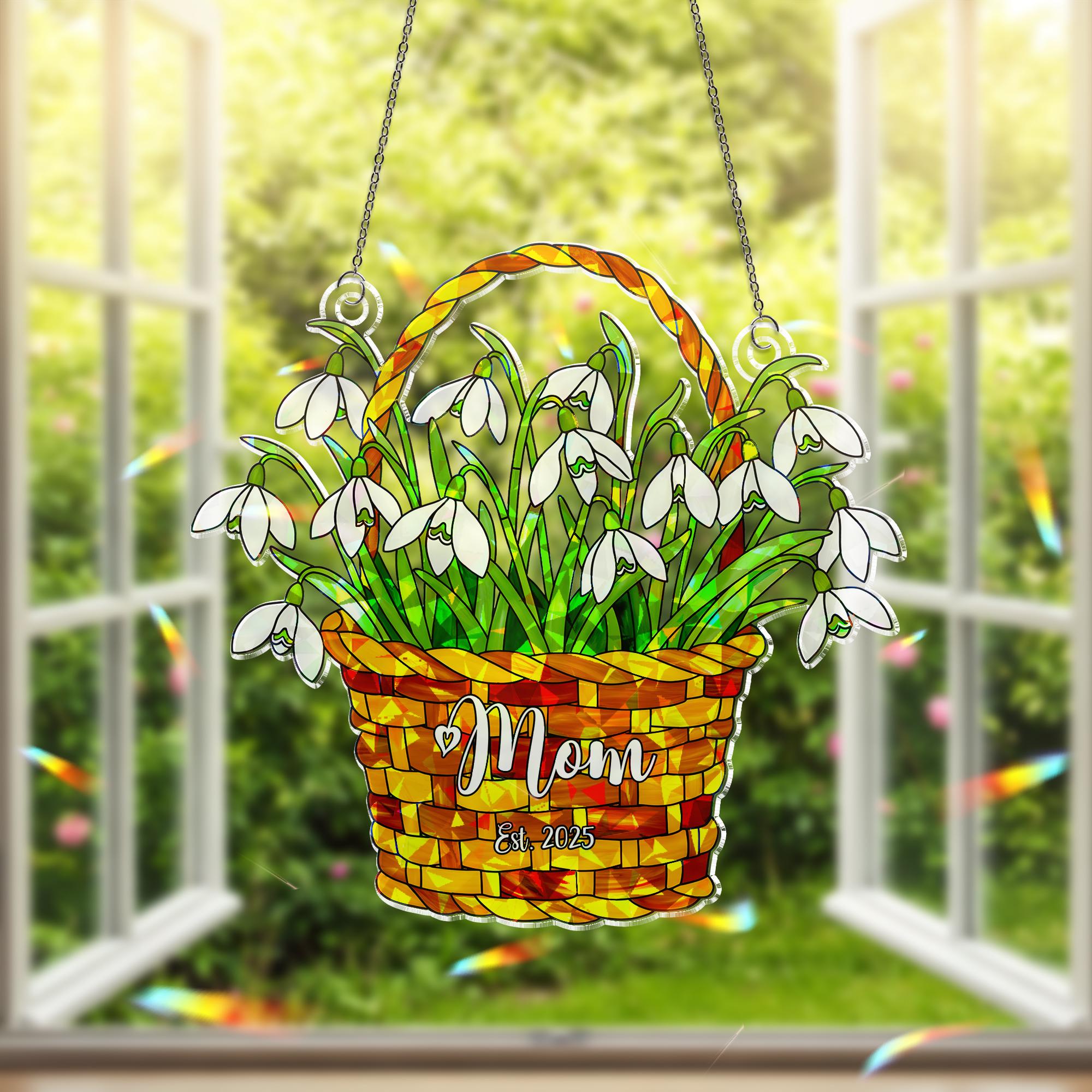 Personalized Mom Gift Snowdrop Basket Acrylic Window Hanging Ornament, January Birth Flower Ornament, Mother's Day 2025 Decor, Custom Gift
