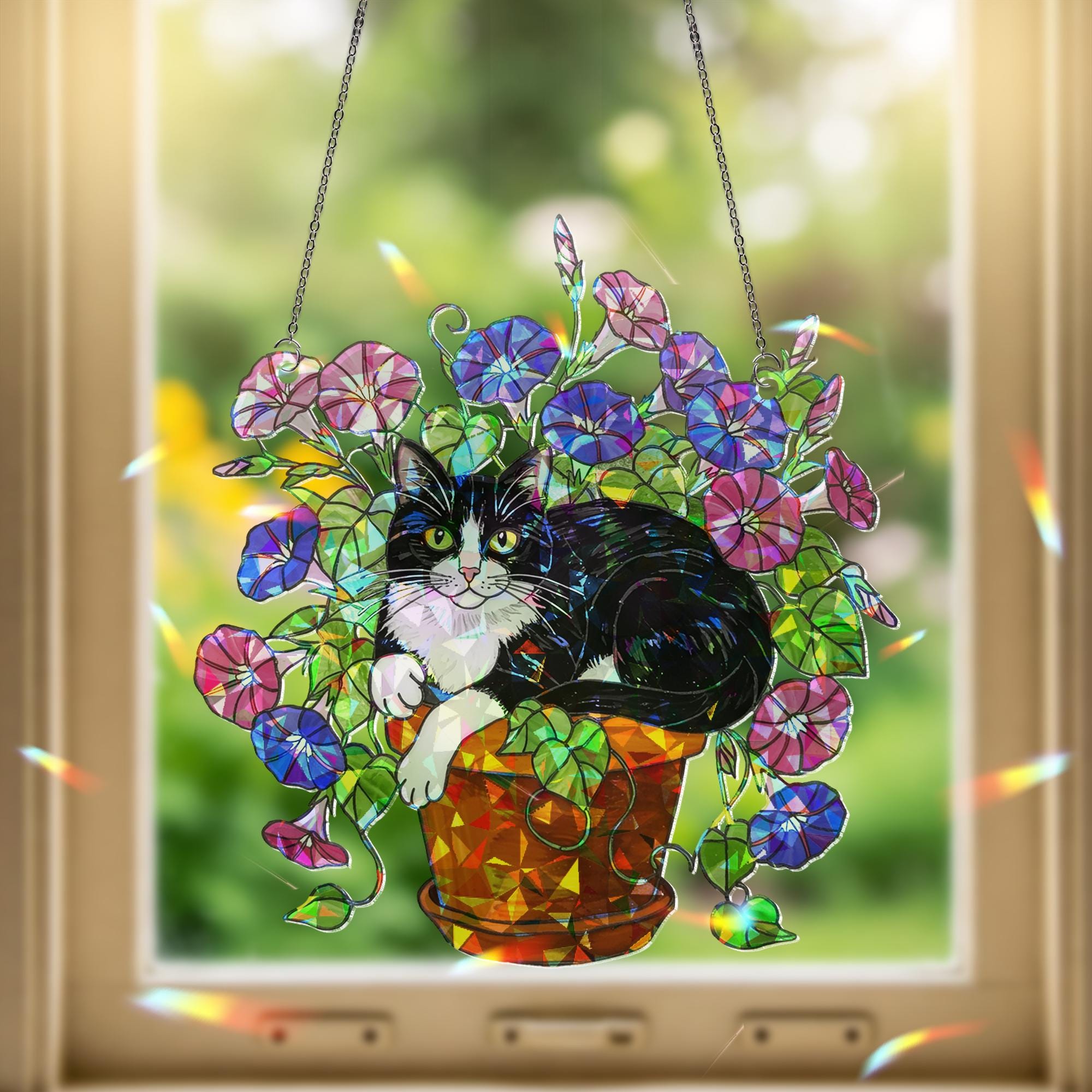 Tuxedo Cat Glory Flower Acrylic Hologram Window Hanging, Cat Lover Gift, Floral Pet Memorial Decor, Cute Cat Sun Catcher,Tuxedo Cat Mom Gift