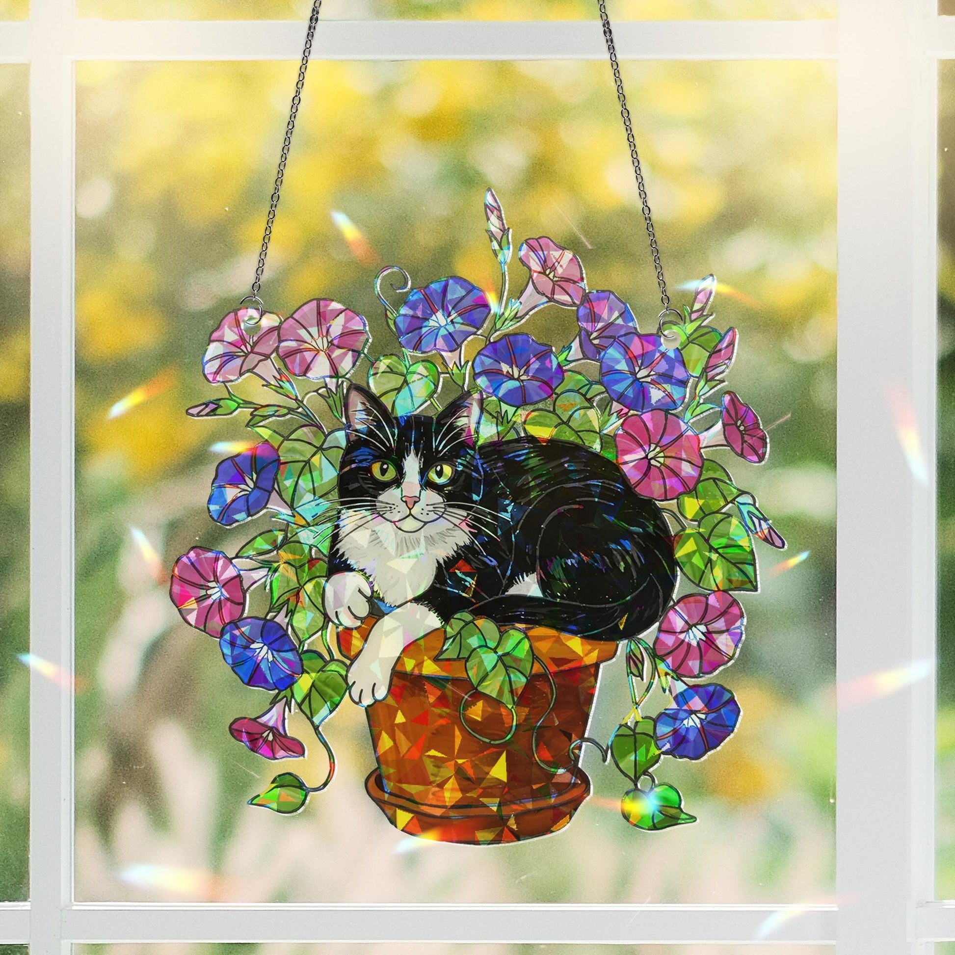 Tuxedo Cat Glory Flower Acrylic Hologram Window Hanging, Cat Lover Gift, Floral Pet Memorial Decor, Cute Cat Sun Catcher,Tuxedo Cat Mom Gift