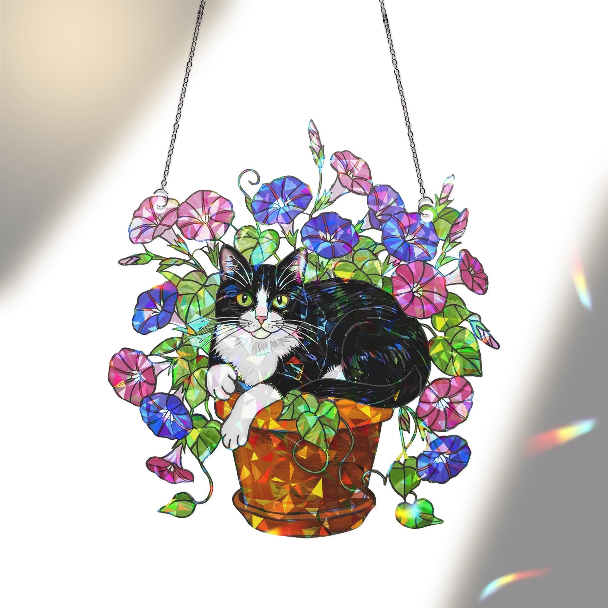 Tuxedo Cat Glory Flower Acrylic Hologram Window Hanging, Cat Lover Gift, Floral Pet Memorial Decor, Cute Cat Sun Catcher,Tuxedo Cat Mom Gift