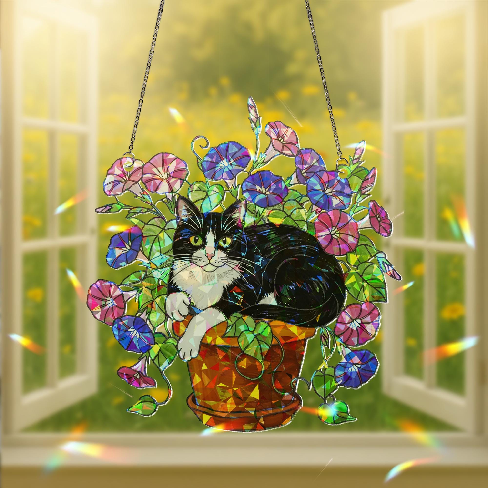 Tuxedo Cat Glory Flower Acrylic Hologram Window Hanging, Cat Lover Gift, Floral Pet Memorial Decor, Cute Cat Sun Catcher,Tuxedo Cat Mom Gift