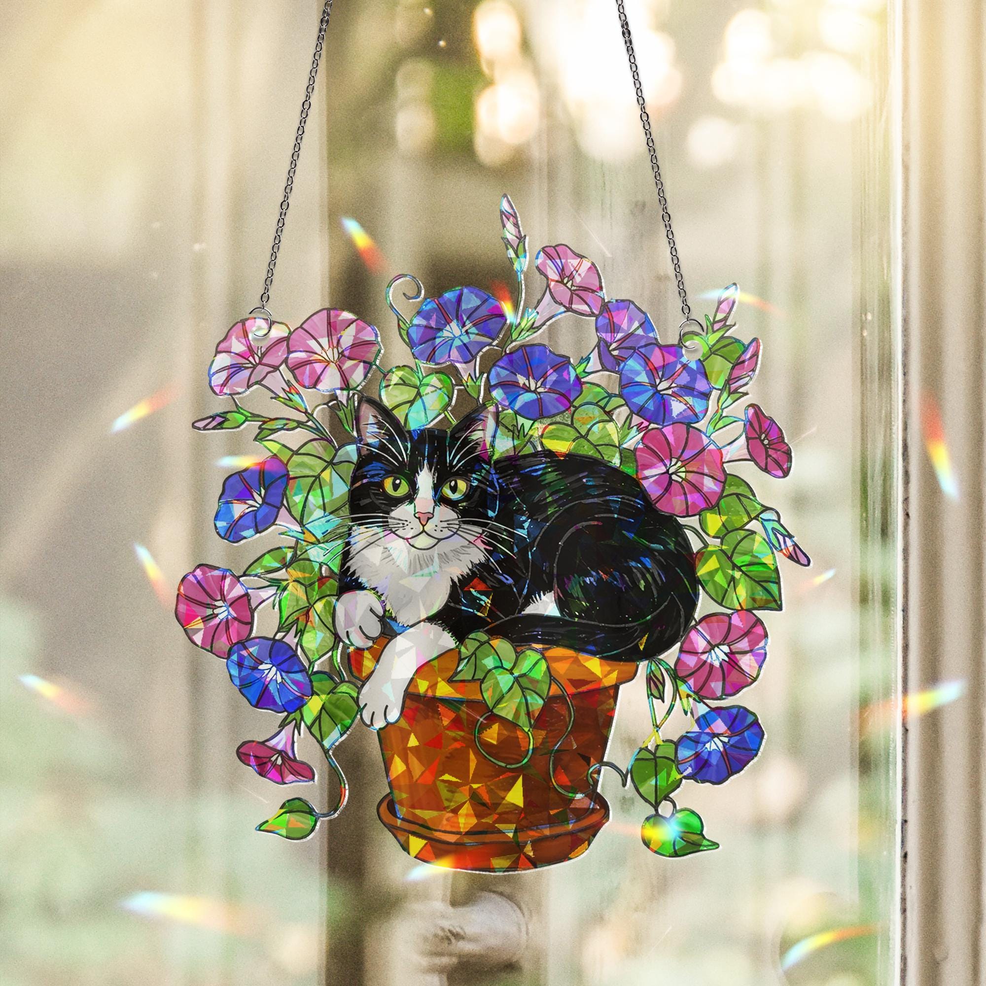 Tuxedo Cat Glory Flower Acrylic Hologram Window Hanging, Cat Lover Gift, Floral Pet Memorial Decor, Cute Cat Sun Catcher,Tuxedo Cat Mom Gift