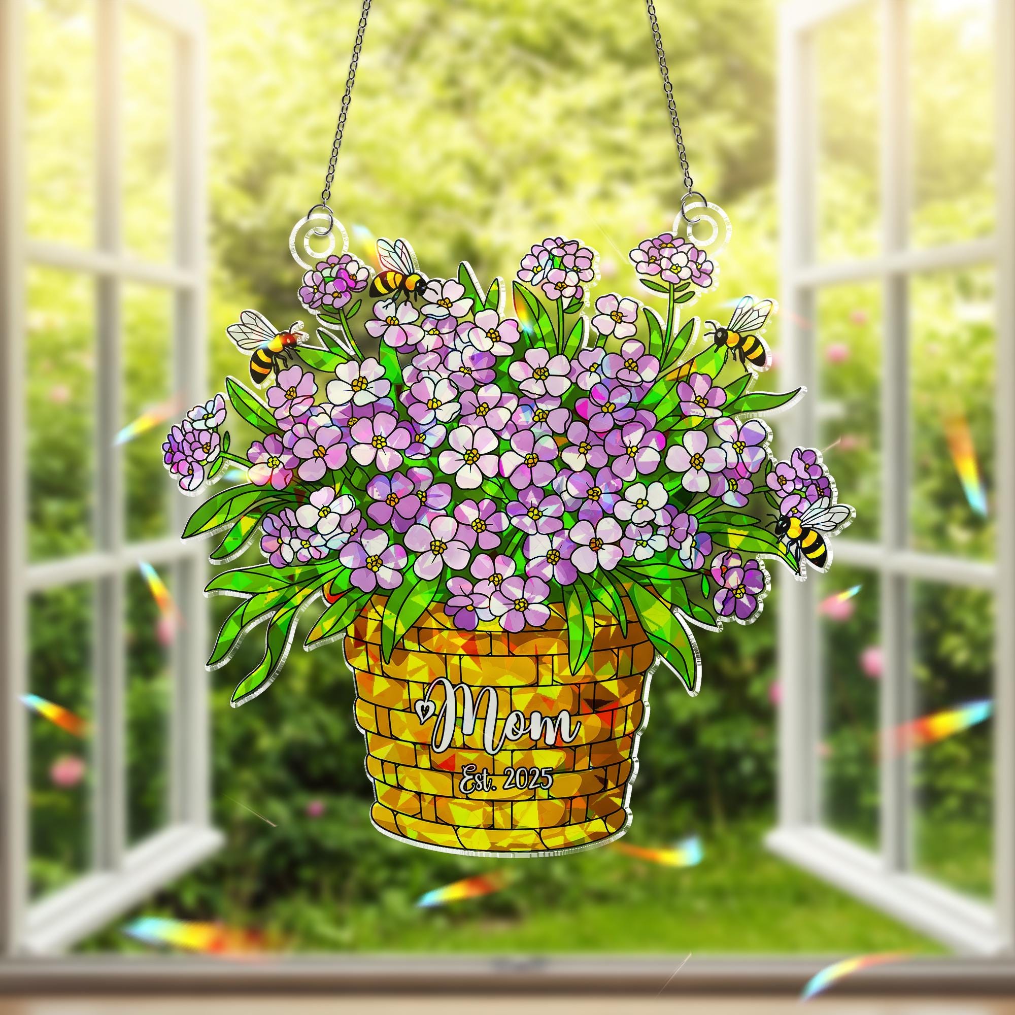 Personalized Sweet Alyssum Mom Floral Ornament, Custom Year Acrylic Window Hanging, Bee Lover Gift for Her, Garden Mom, Flower Lover Gift