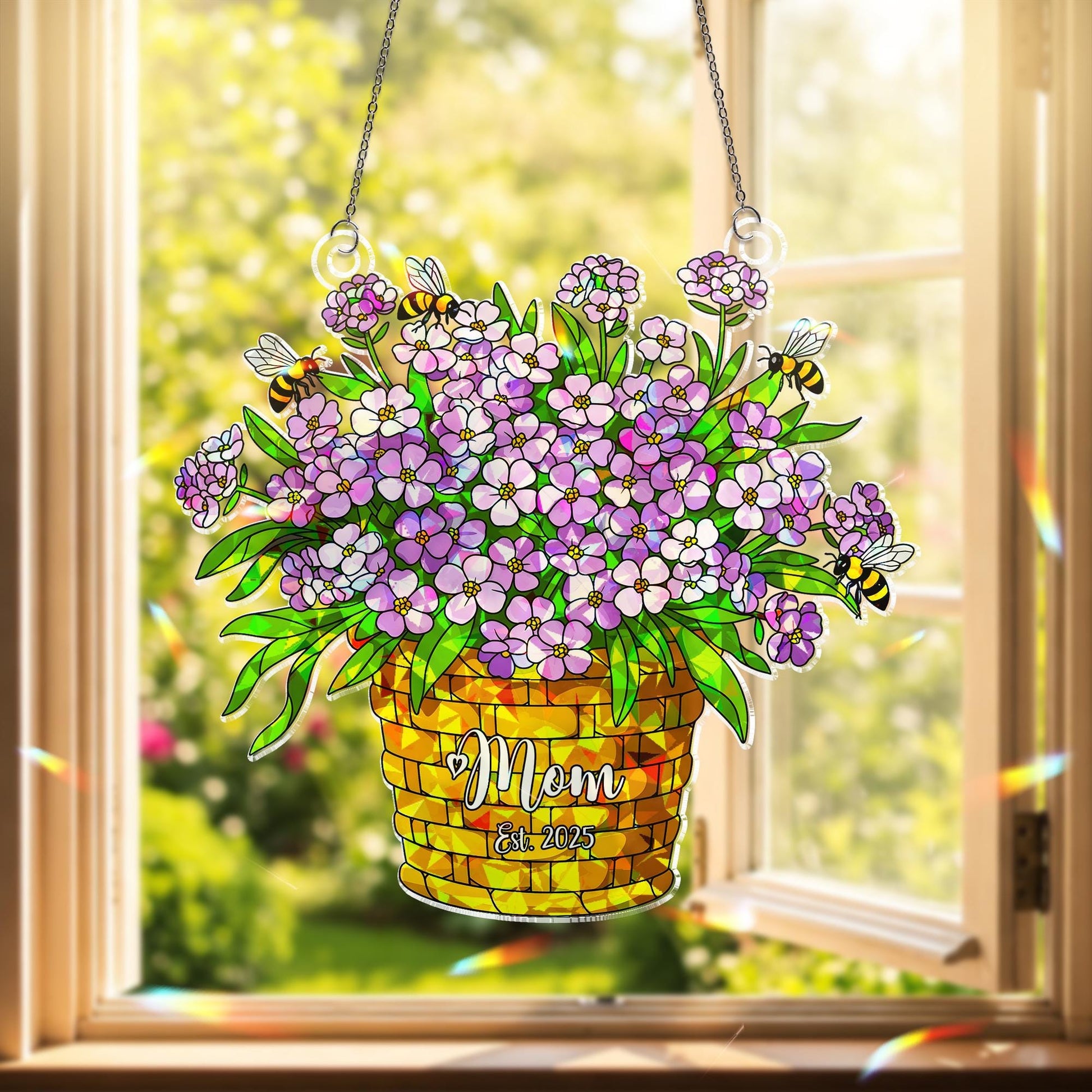 Personalized Sweet Alyssum Mom Floral Ornament, Custom Year Acrylic Window Hanging, Bee Lover Gift for Her, Garden Mom, Flower Lover Gift
