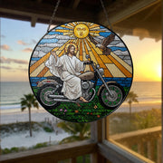 Jesus on Motorcycle Glass Suncatcher – Christian Biker Art, Spiritual Window Decor, Funny Religious Gift for Motorcycle Fans, Gift For Dad