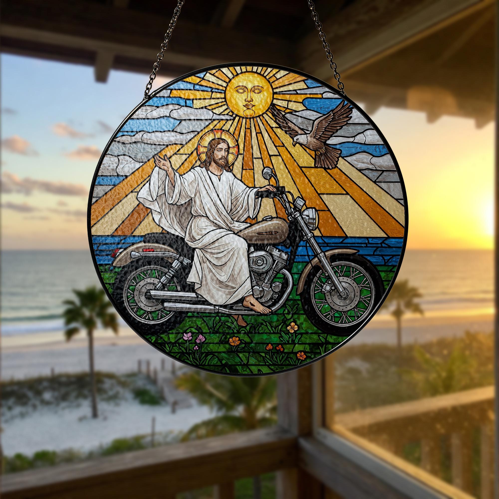 Jesus on Motorcycle Glass Suncatcher – Christian Biker Art, Spiritual Window Decor, Funny Religious Gift for Motorcycle Fans, Gift For Dad