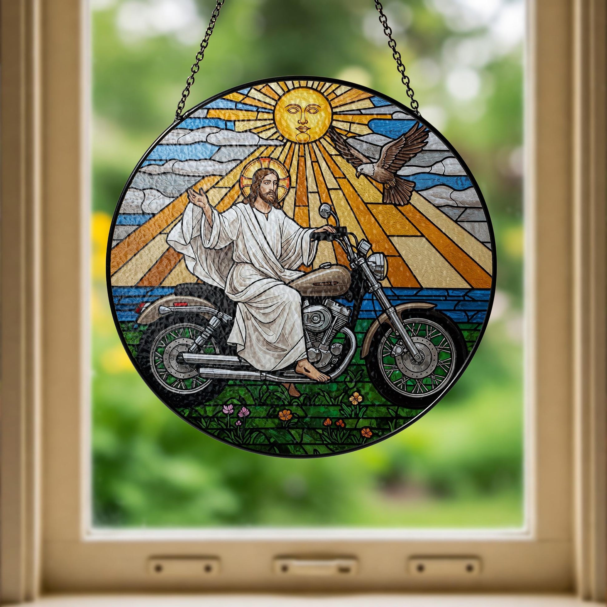 Jesus on Motorcycle Glass Suncatcher – Christian Biker Art, Spiritual Window Decor, Funny Religious Gift for Motorcycle Fans, Gift For Dad