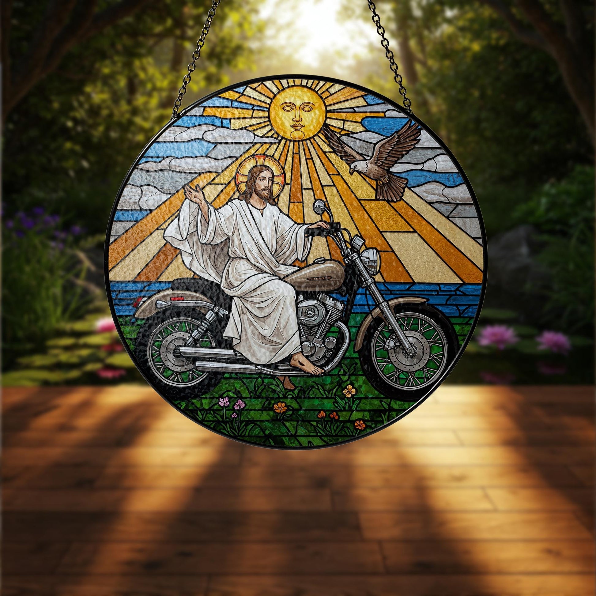 Jesus on Motorcycle Glass Suncatcher – Christian Biker Art, Spiritual Window Decor, Funny Religious Gift for Motorcycle Fans, Gift For Dad