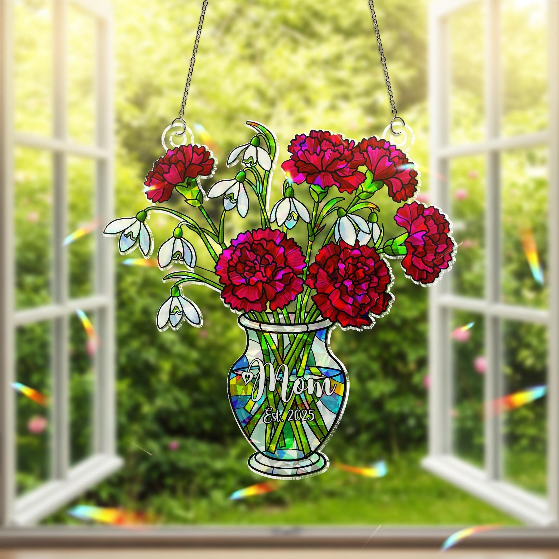 Personalized Mom Gift Snowdrop and Carnation Basket hologram Acrylic Window Hanging Ornament, January Birth Flower Ornament,2025 Custom Gift