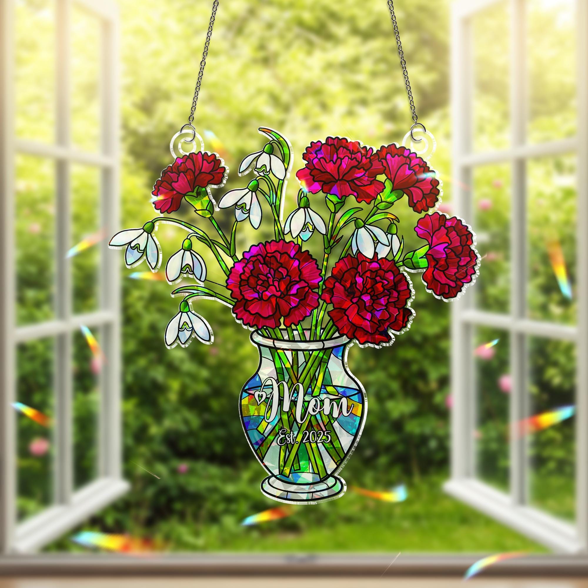 Personalized Mom Gift Snowdrop and Carnation Basket hologram Acrylic Window Hanging Ornament, January Birth Flower Ornament,2025 Custom Gift