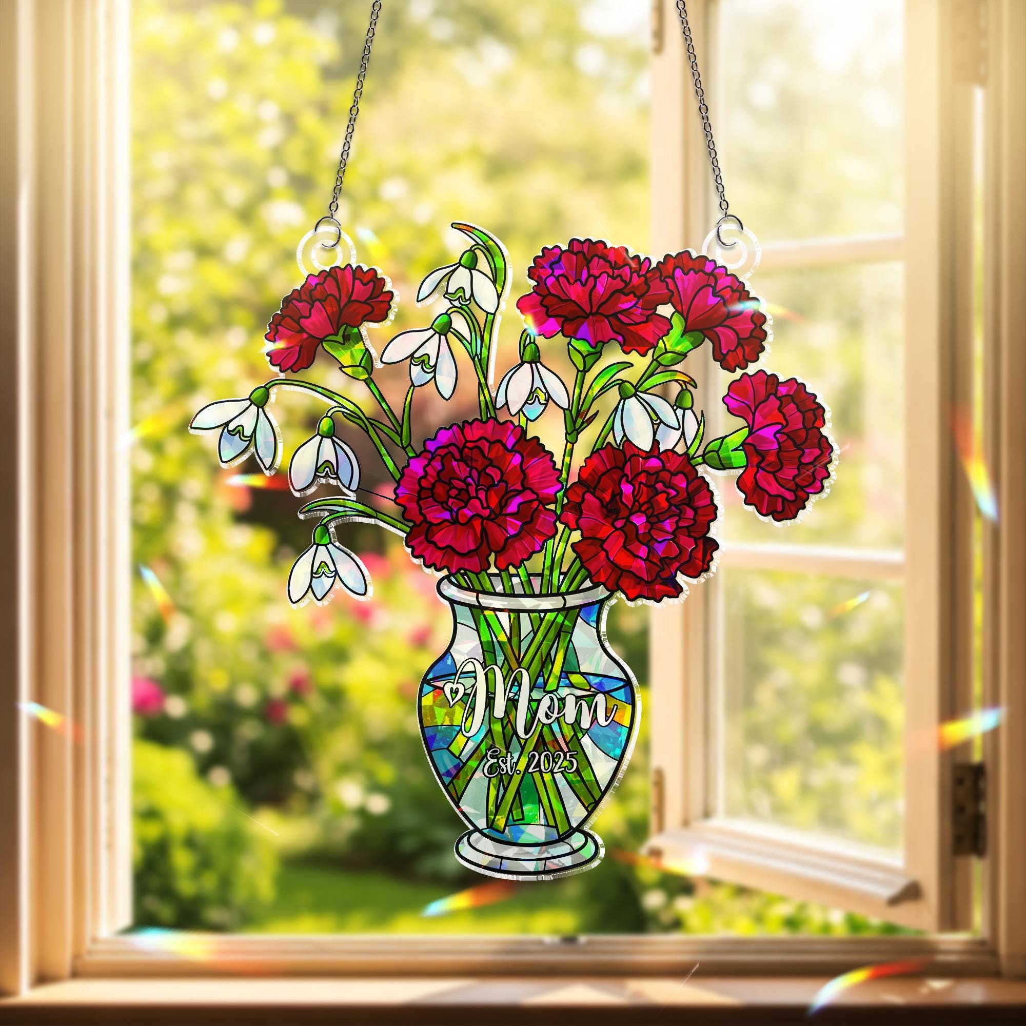 Personalized Mom Gift Snowdrop and Carnation Basket hologram Acrylic Window Hanging Ornament, January Birth Flower Ornament,2025 Custom Gift