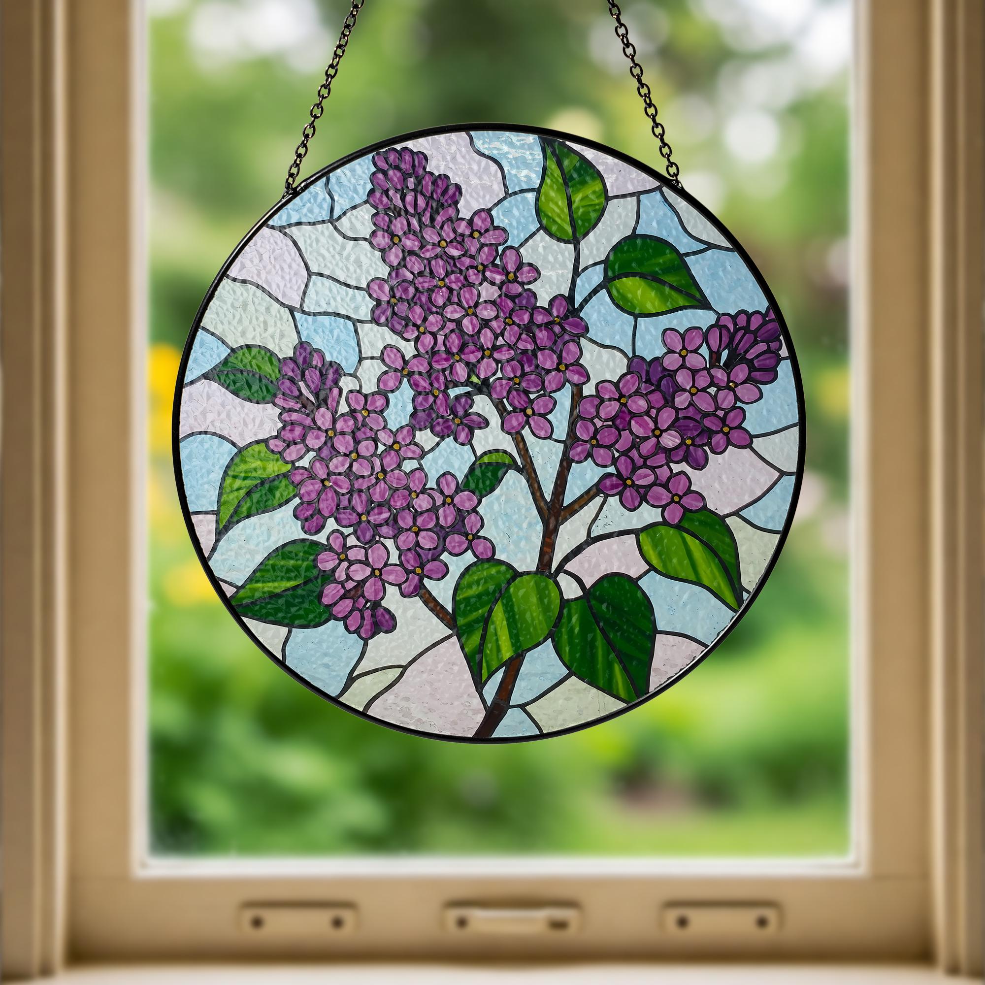 Lilac Flower Glass Suncatcher – Purple Floral Window Hanging, Spring Garden Decor, Nature Gift for Flower Lovers, Gift For Mom, Grandma