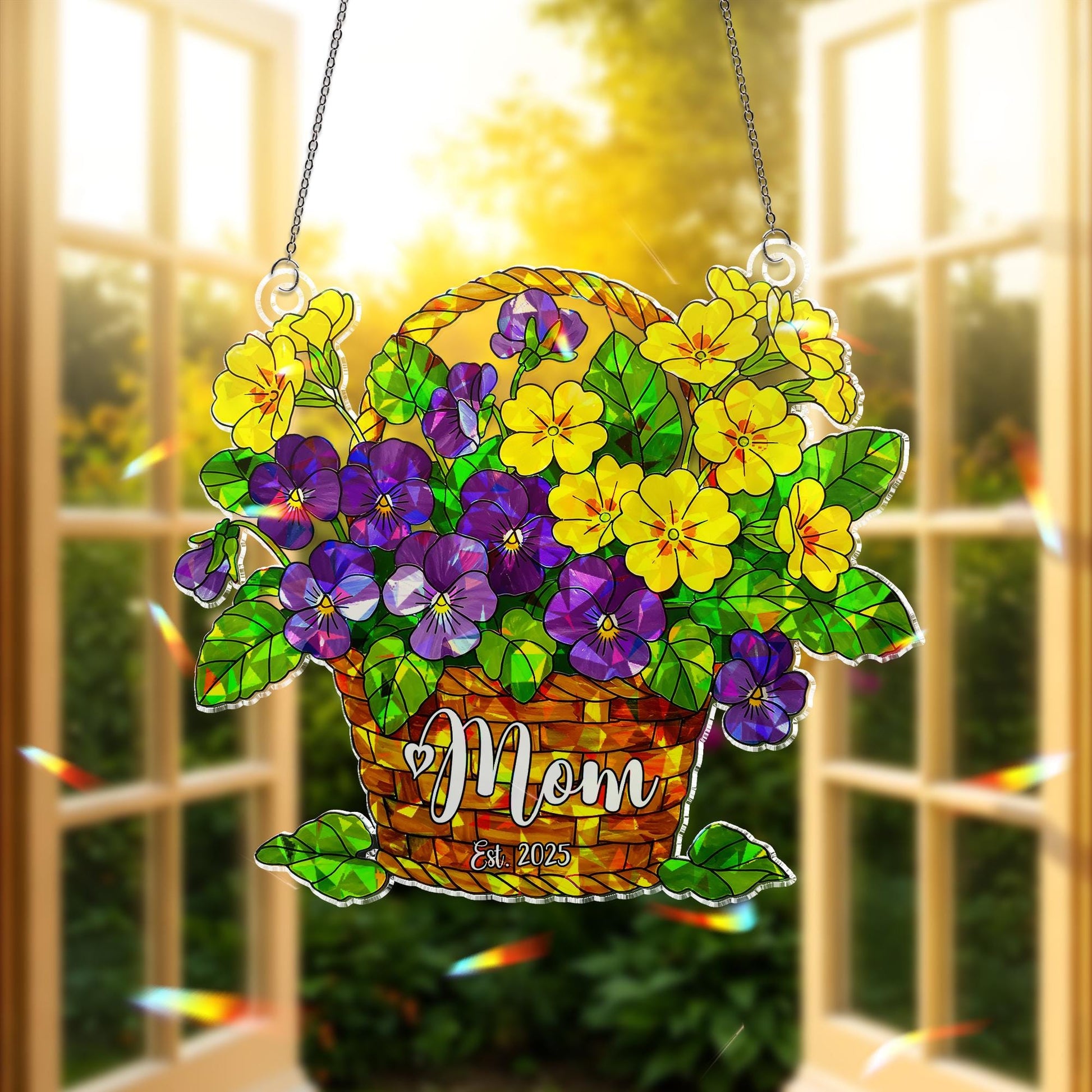 Personalized Violet Primrose Mom Est 2025 Hologram Acrylic Window Hanging Ornament, March Birth Flower Basket, New Mom Mothers Day Gift