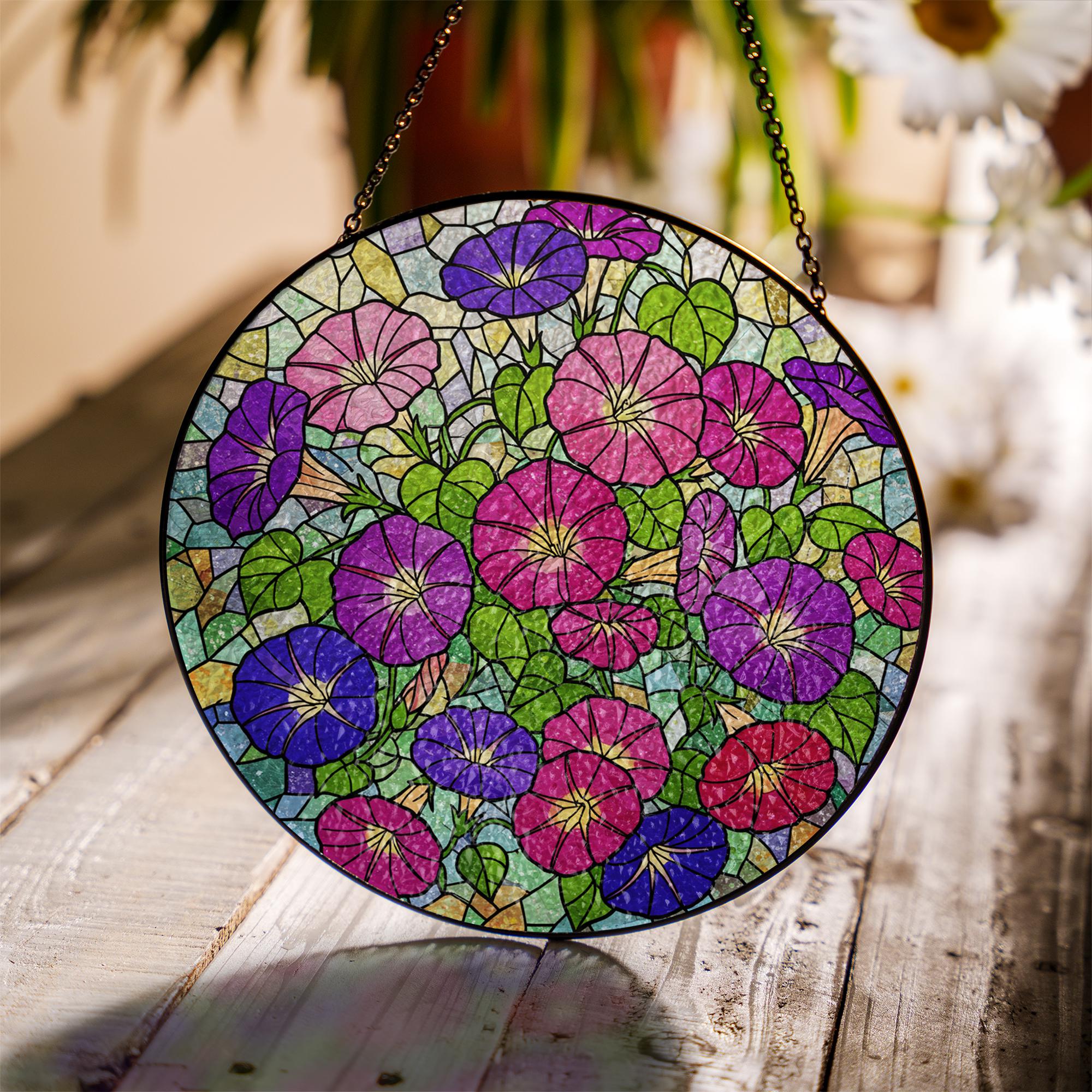 Morning Glory Glass Suncatcher, Blue Flower Window Hanging, Stained Glass Style Floral Decor, Garden Window Ornament, Spring Gift