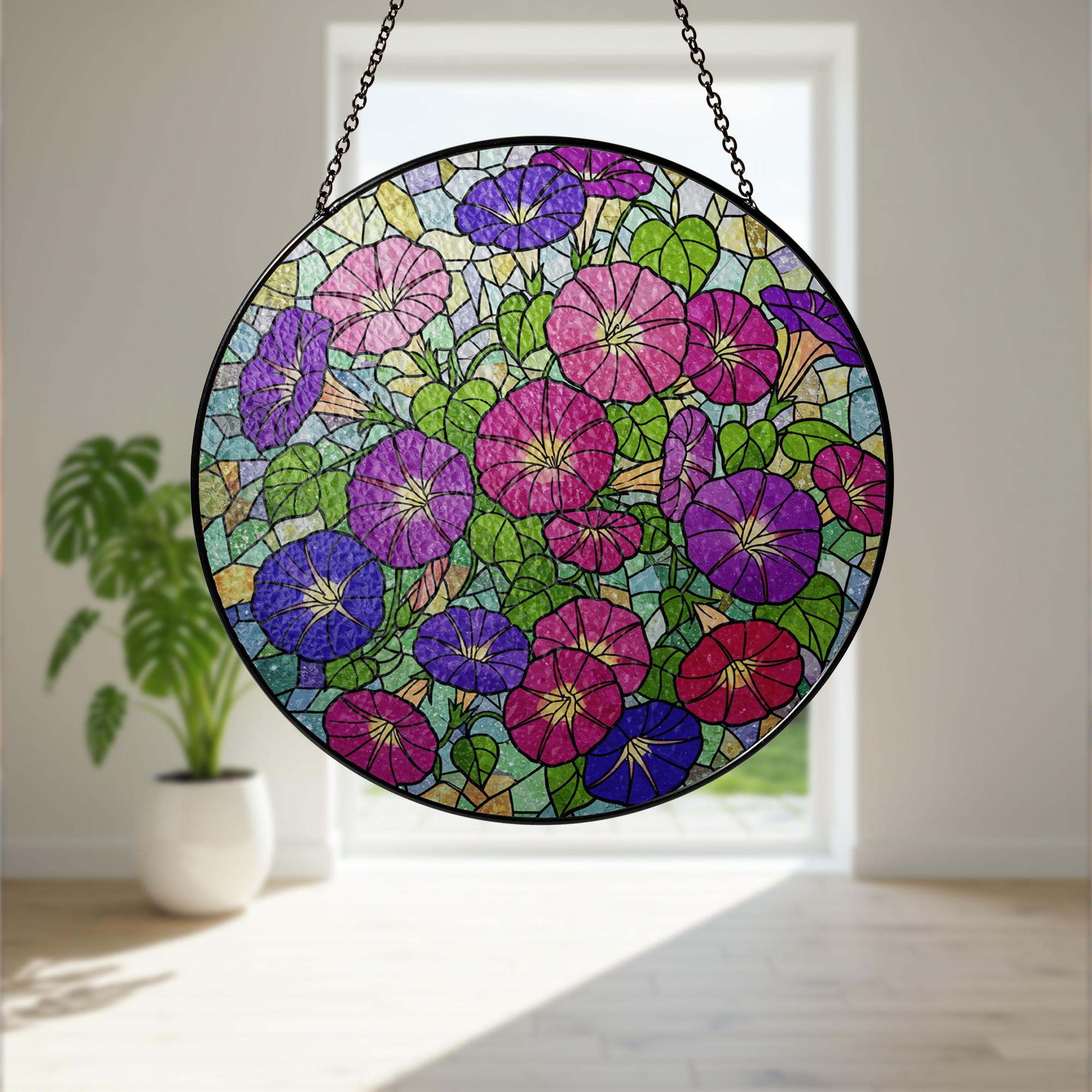 Morning Glory Glass Suncatcher, Blue Flower Window Hanging, Stained Glass Style Floral Decor, Garden Window Ornament, Spring Gift