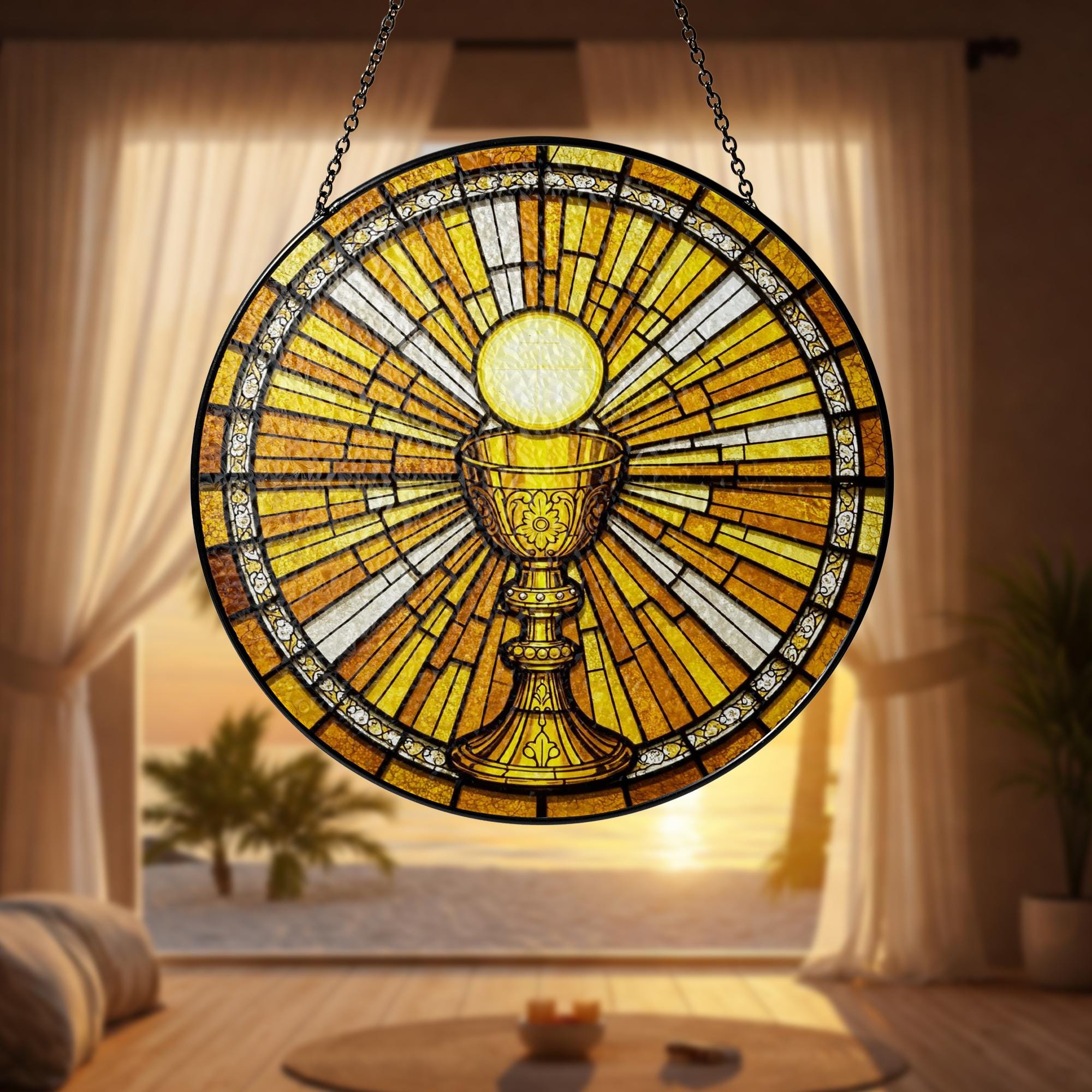 Holy Communion Glass Suncatcher – Eucharist Chalice Window Hanging, Catholic Gift, First Communion Decor, Christian Ornament, Gift For Dad