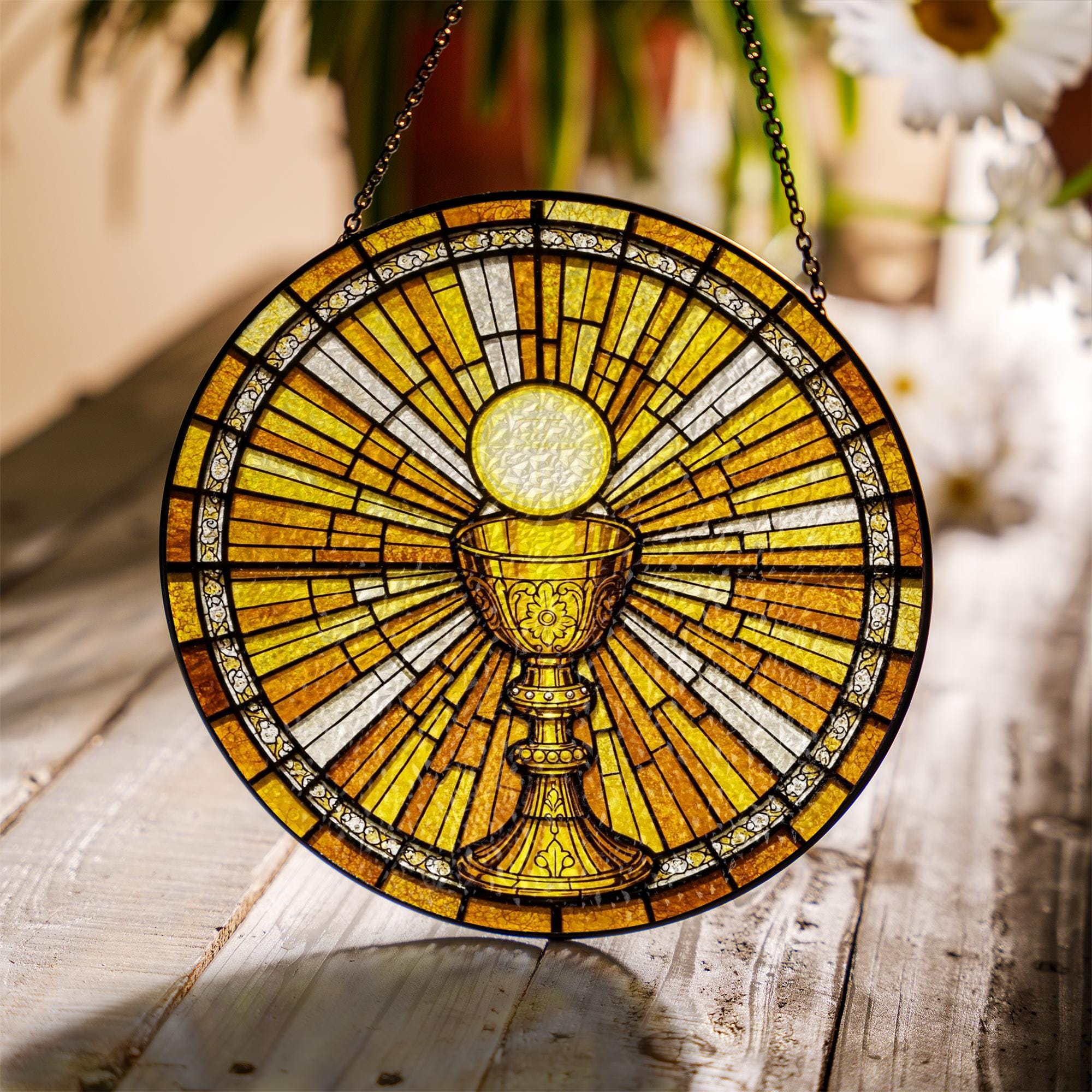 Holy Communion Glass Suncatcher – Eucharist Chalice Window Hanging, Catholic Gift, First Communion Decor, Christian Ornament, Gift For Dad