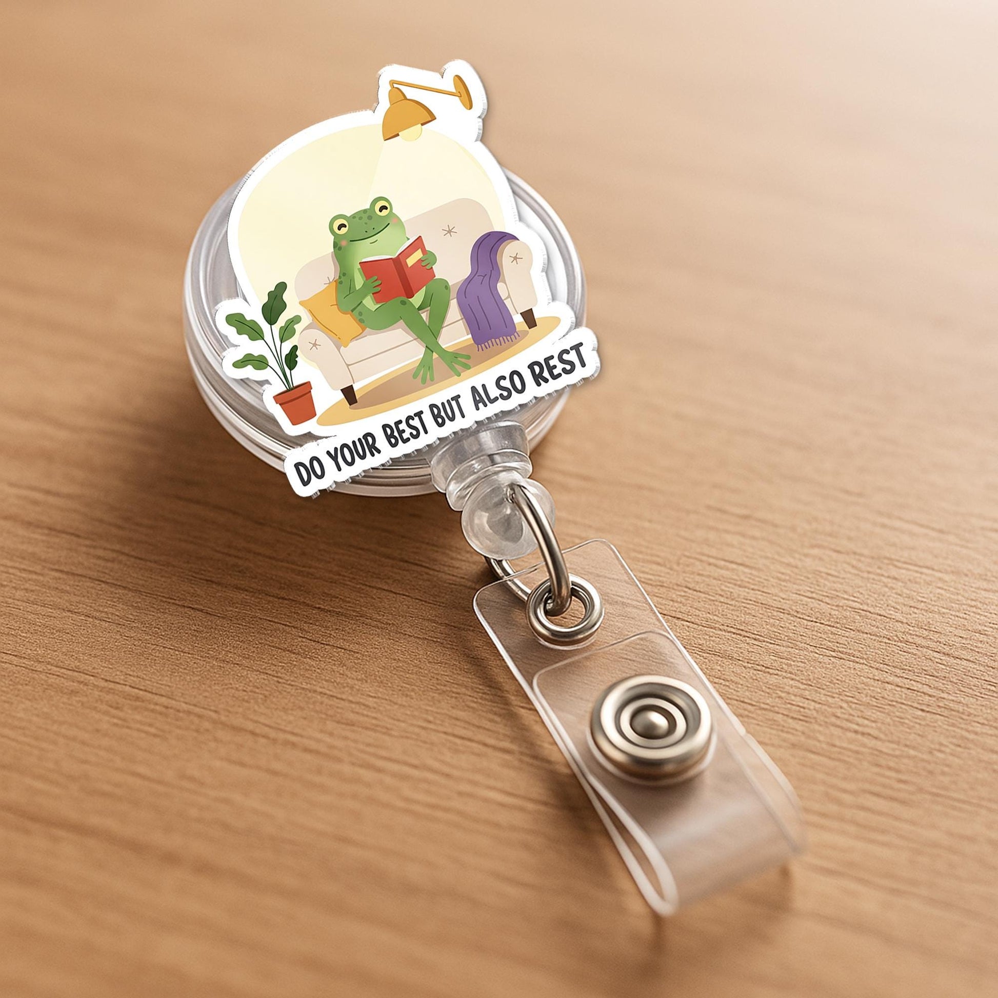 Do Your Best But Also Rest Frog Badge Reel – Cute Motivational ID Holder, Funny Nurse Badge Clip, Self Care Work Accessory, Gift For Worker