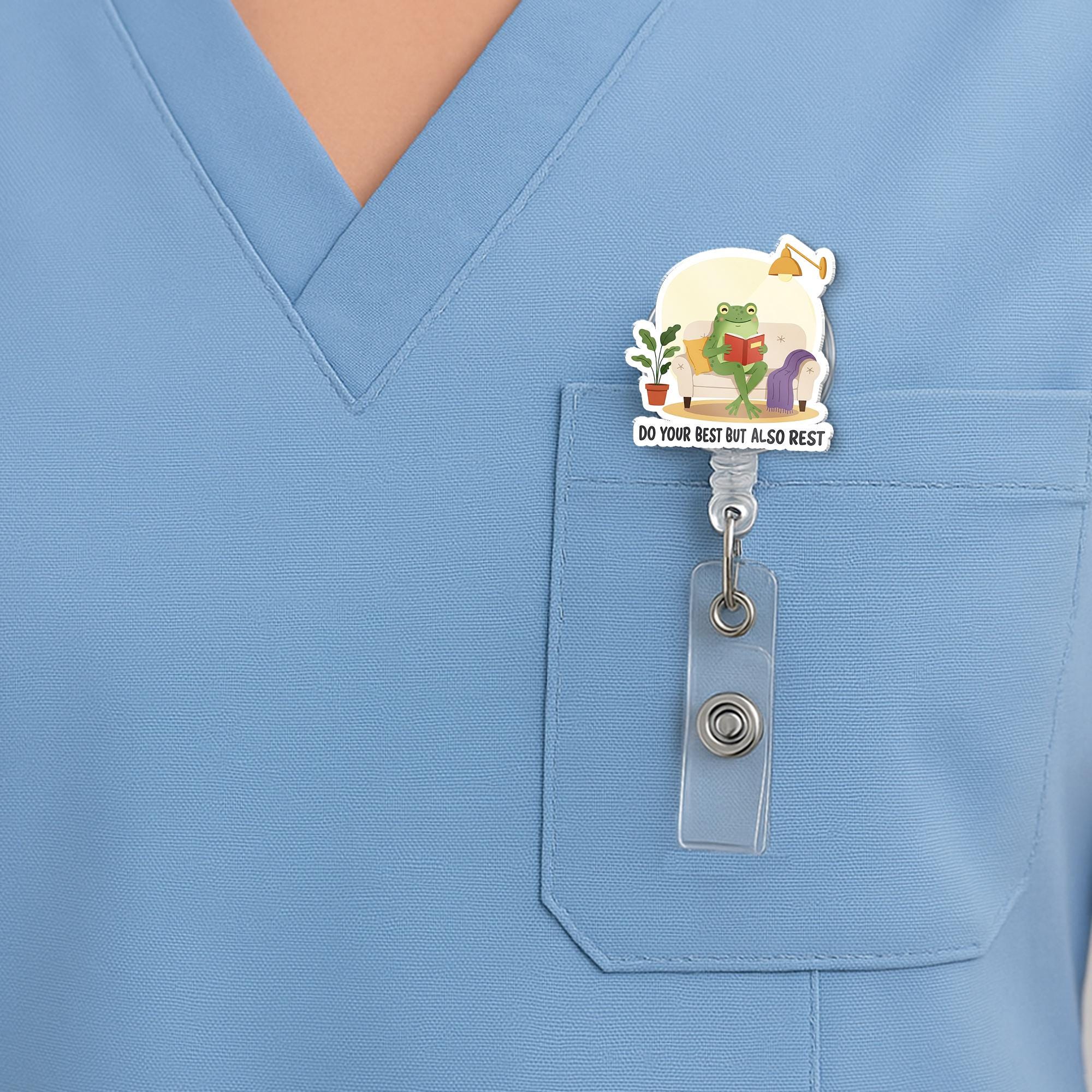 Do Your Best But Also Rest Frog Badge Reel – Cute Motivational ID Holder, Funny Nurse Badge Clip, Self Care Work Accessory, Gift For Worker