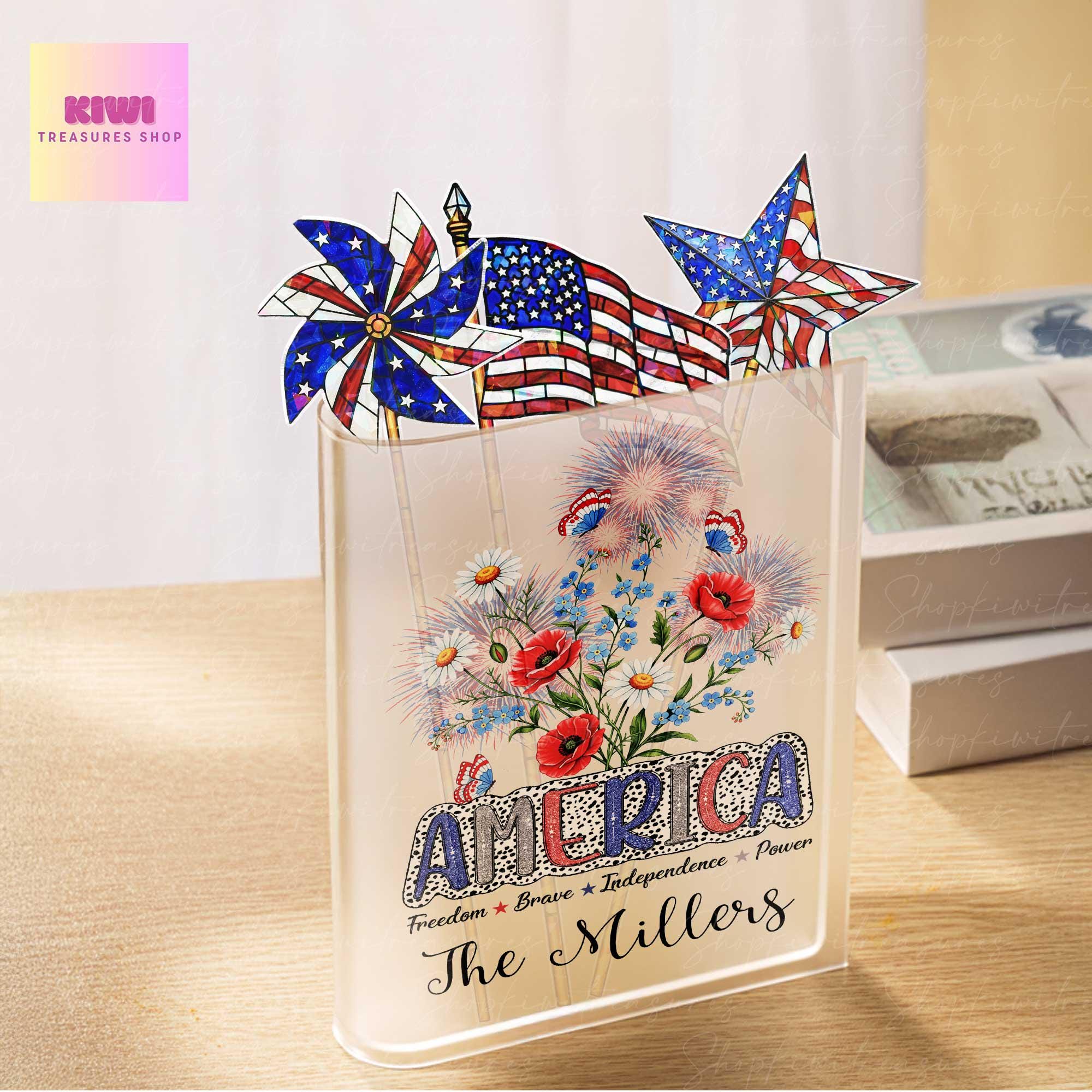 Custom Patriotic Acrylic Book Vase with Family Name, 4th of July Decor, Personalized America Flower Vase Gift, Memorial Table Centerpiece