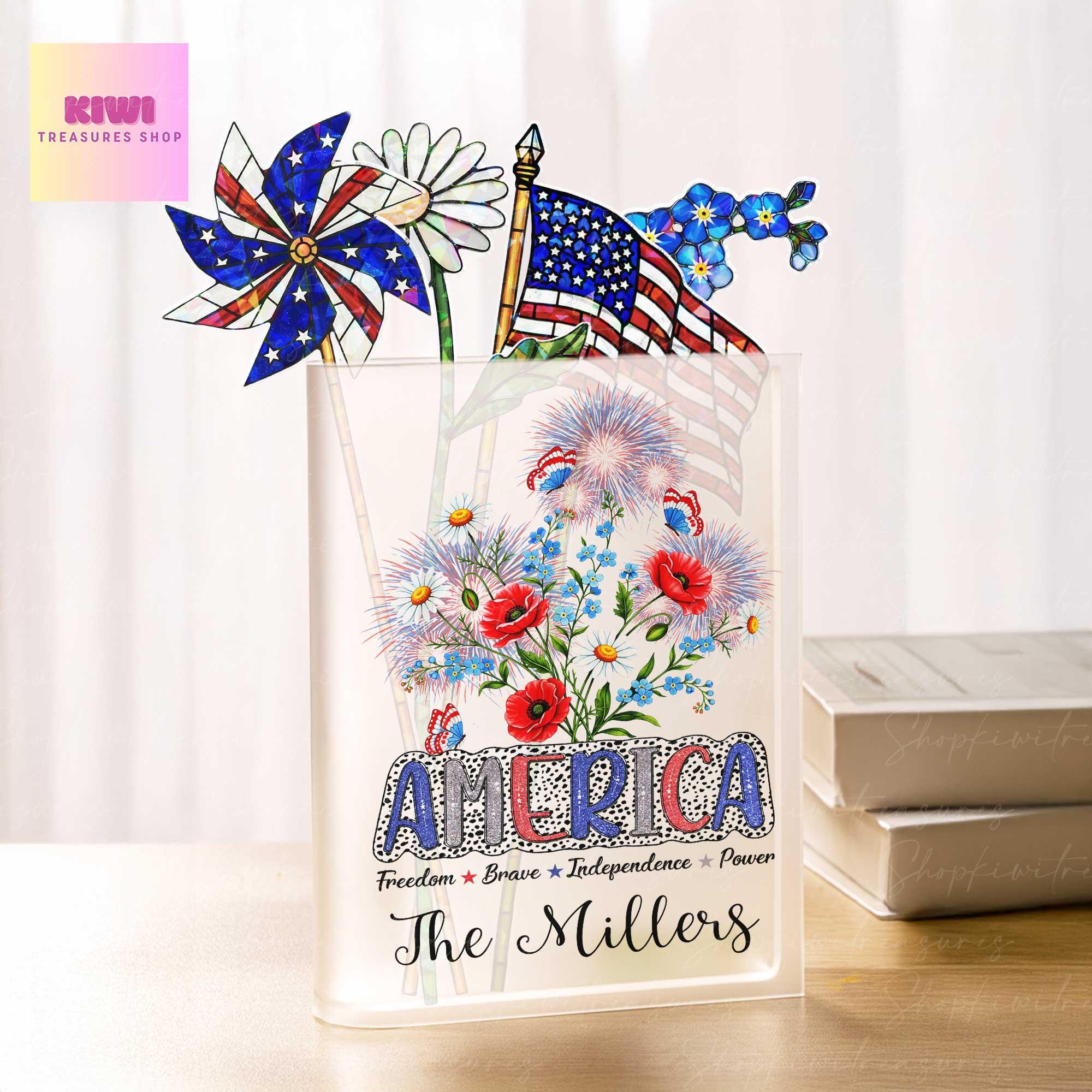 Custom Patriotic Acrylic Book Vase with Family Name, 4th of July Decor, Personalized America Flower Vase Gift, Memorial Table Centerpiece