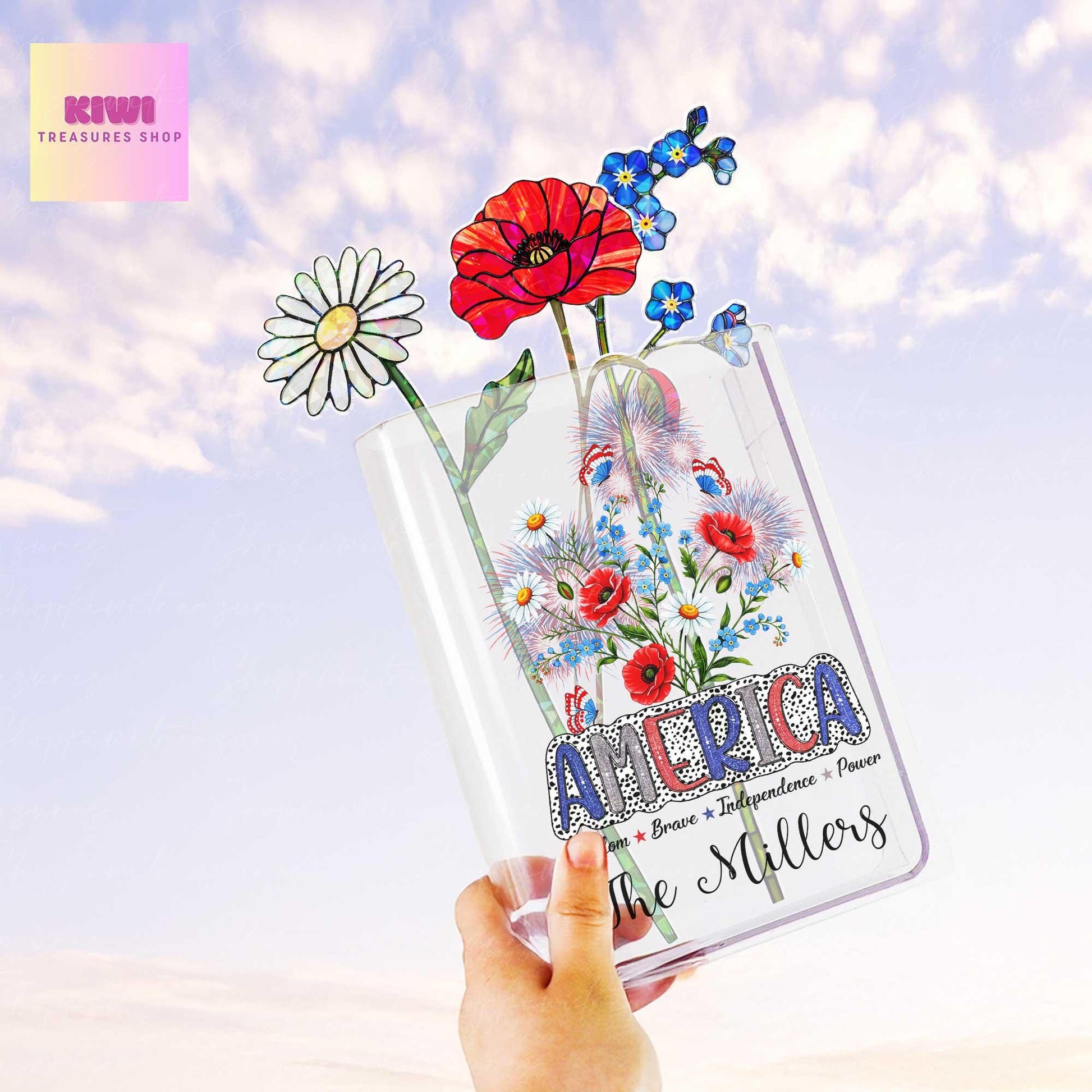 Custom Patriotic Acrylic Book Vase with Family Name, 4th of July Decor, Personalized America Flower Vase Gift, Memorial Table Centerpiece