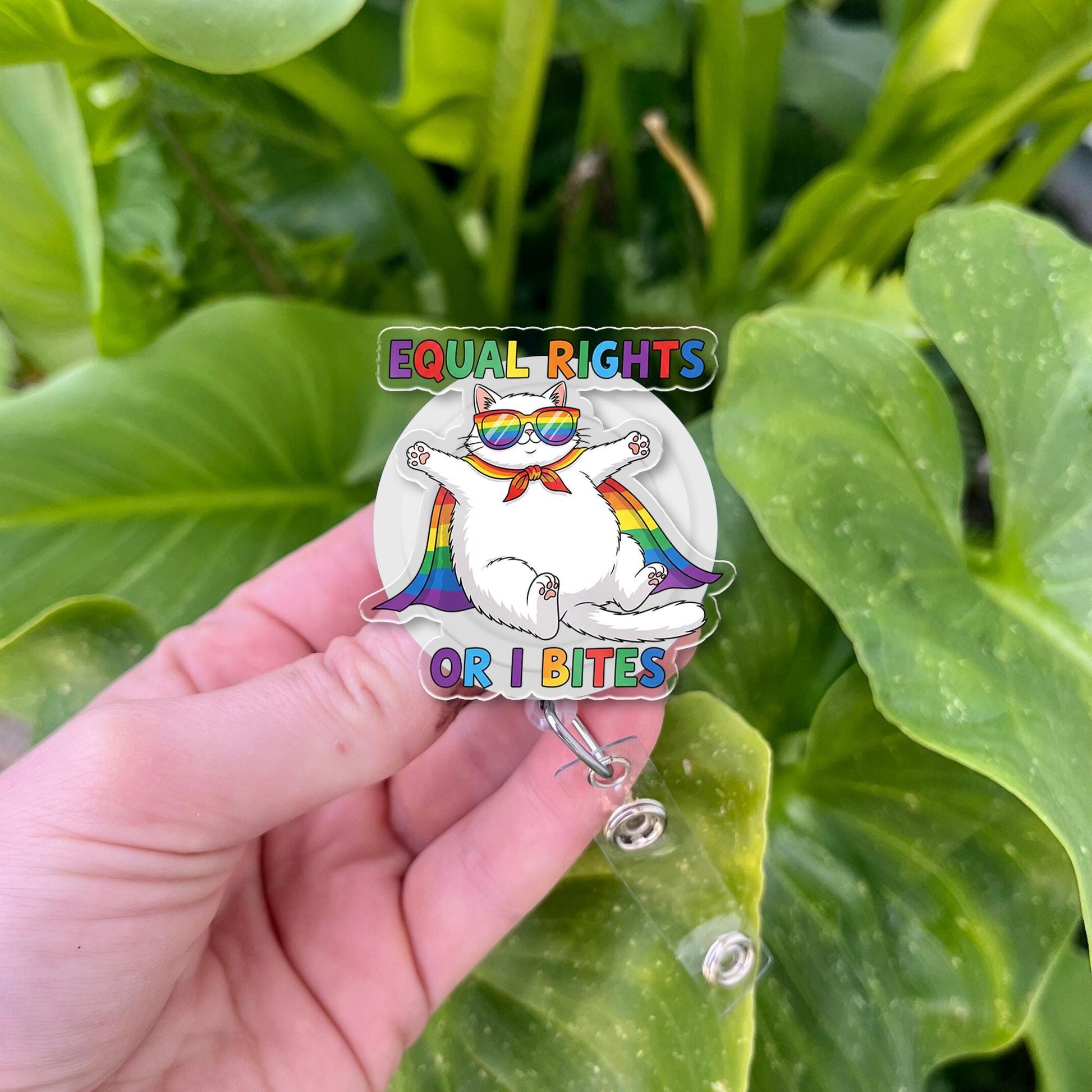 Equal Rights or I Bites Badge Reel – Funny Pride Cat ID Clip – LGBTQ Ally Nurse Gift – Rainbow Retractable Badge Holder