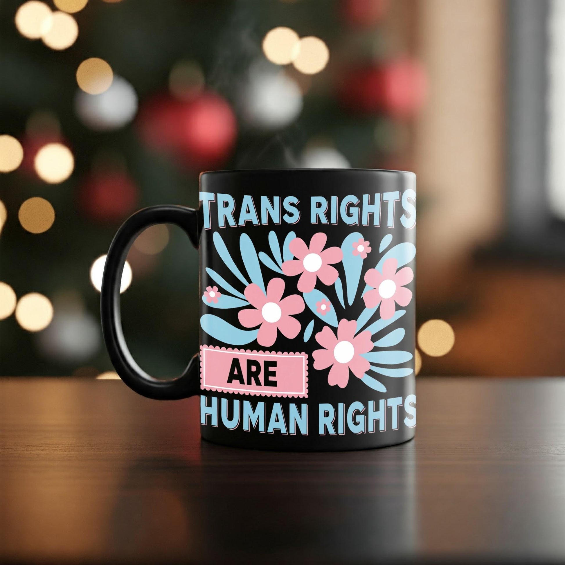 Trans Rights Are Human Rights Mug – Floral LGBTQ Pride Coffee Cup – Inclusive Ally Gift – Black Ceramic Trans Flag Mug