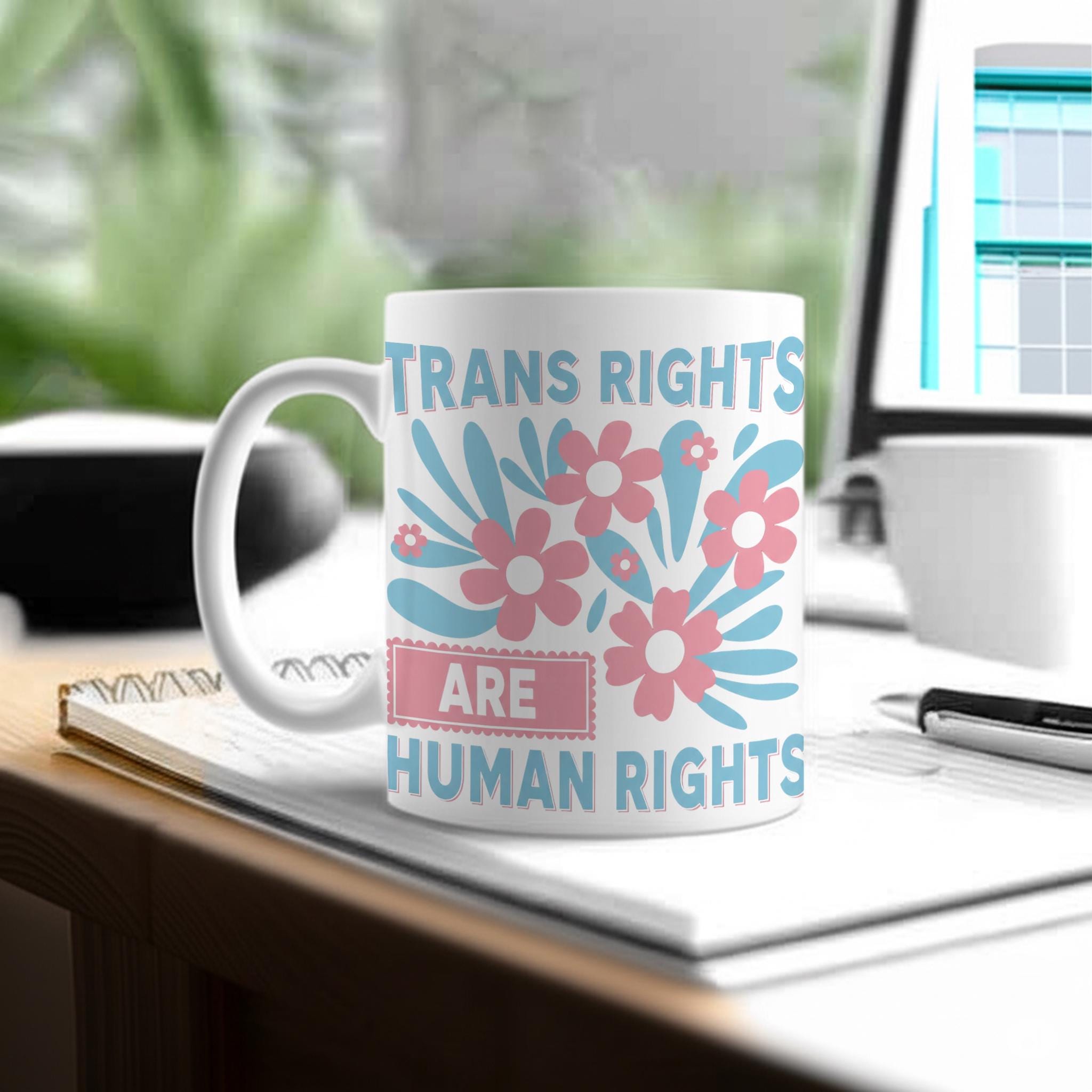 Trans Rights Are Human Rights Mug – Floral LGBTQ Pride Coffee Cup – Inclusive Ally Gift – Black Ceramic Trans Flag Mug