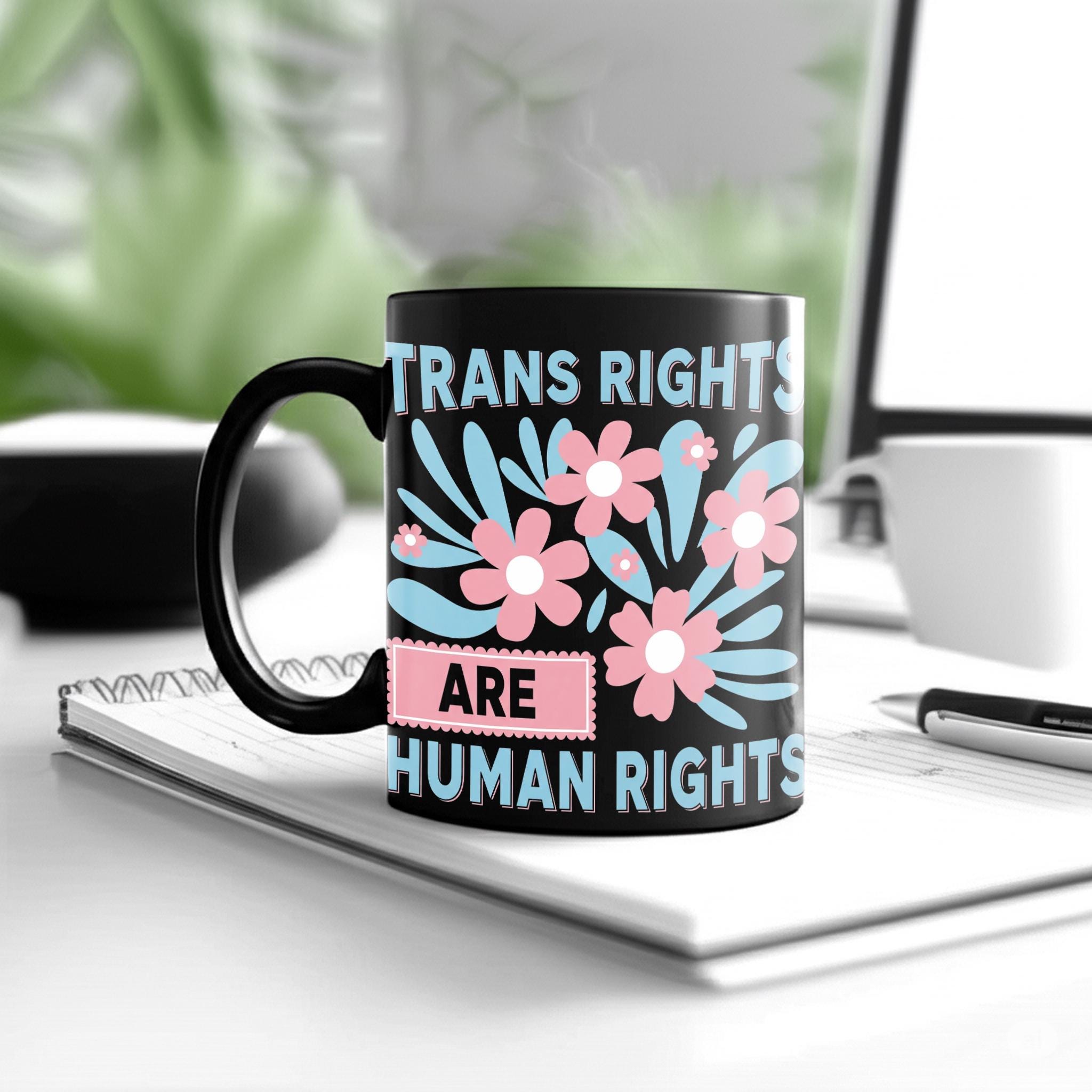Trans Rights Are Human Rights Mug – Floral LGBTQ Pride Coffee Cup – Inclusive Ally Gift – Black Ceramic Trans Flag Mug