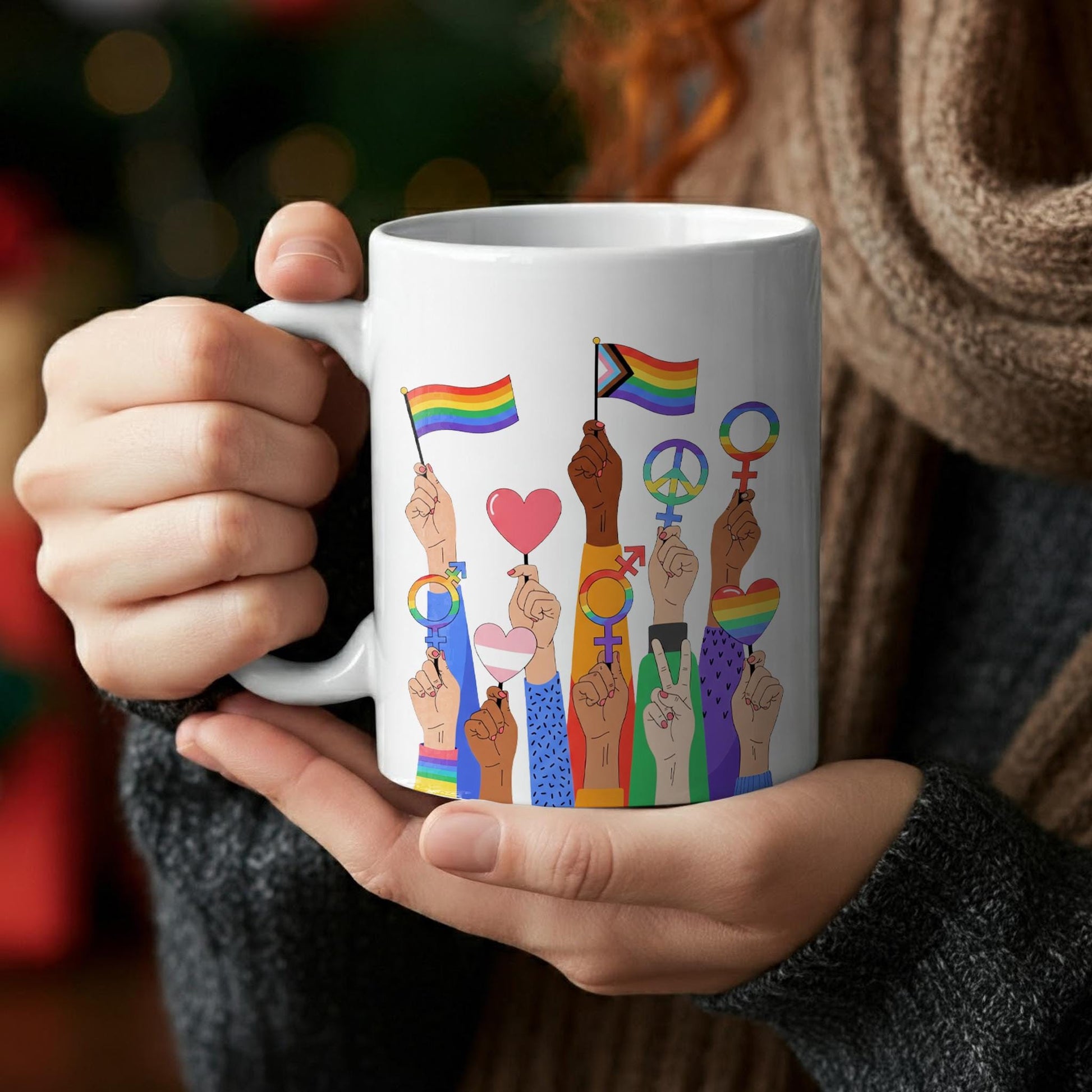 LGBTQ+ Unity Mug – Diverse Pride Fists Coffee Cup – Black Inclusive Equality Gift – Rainbow Love and Protest Design