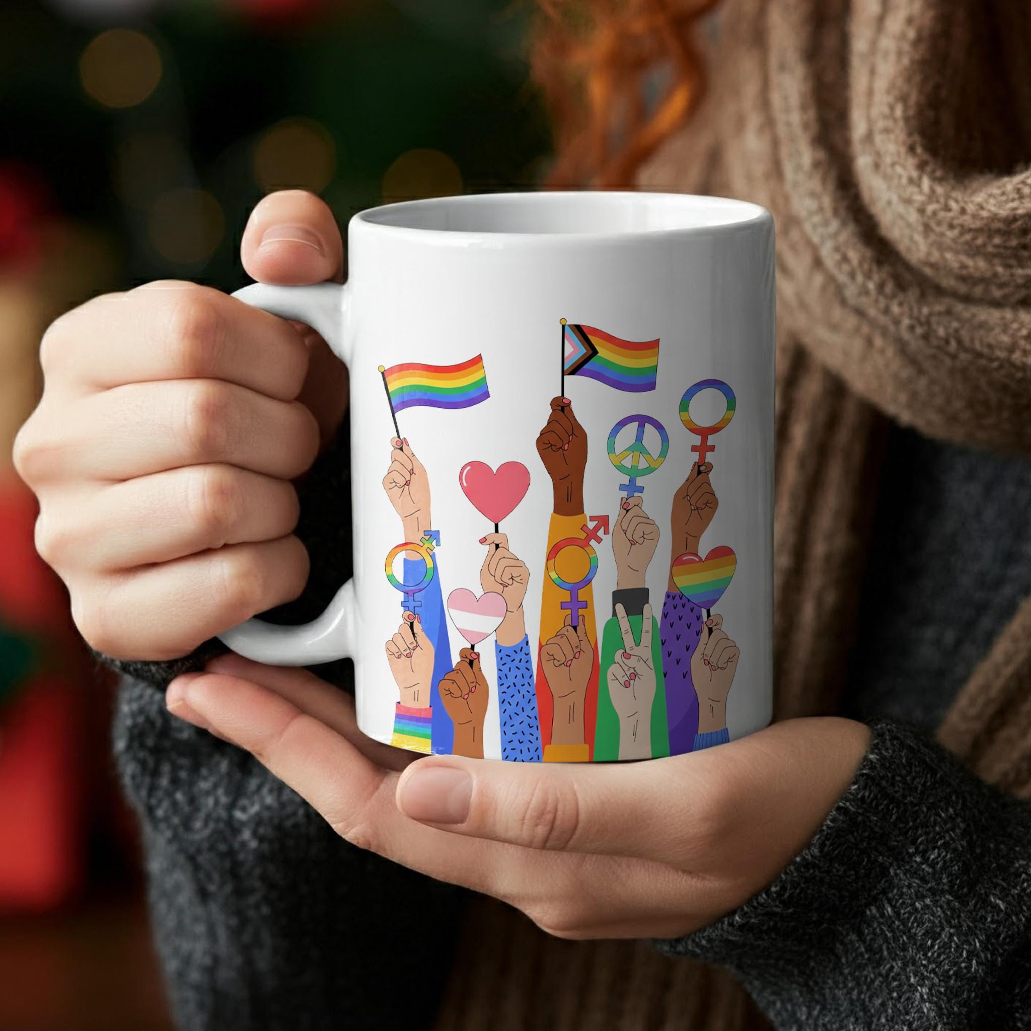 LGBTQ+ Unity Mug – Diverse Pride Fists Coffee Cup – Black Inclusive Equality Gift – Rainbow Love and Protest Design