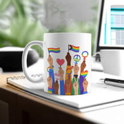 LGBTQ+ Unity Mug – Diverse Pride Fists Coffee Cup – Black Inclusive Equality Gift – Rainbow Love and Protest Design