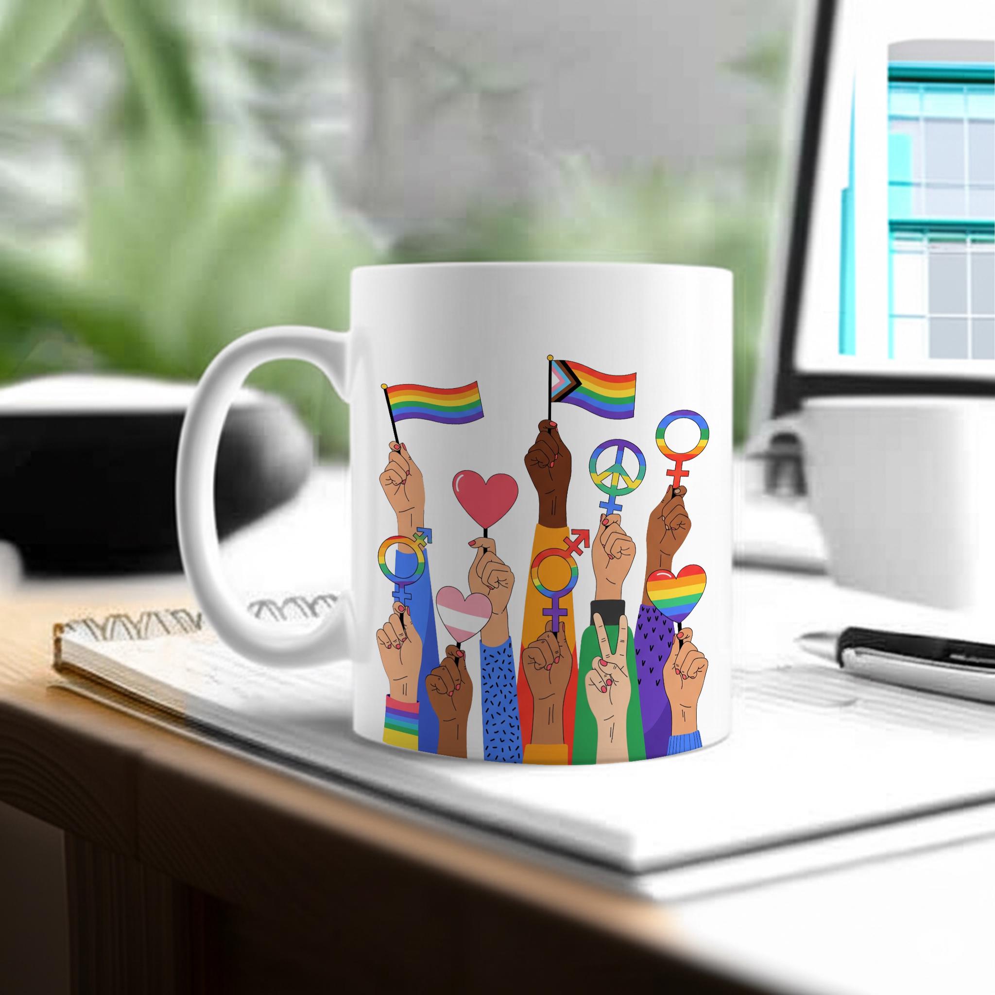 LGBTQ+ Unity Mug – Diverse Pride Fists Coffee Cup – Black Inclusive Equality Gift – Rainbow Love and Protest Design
