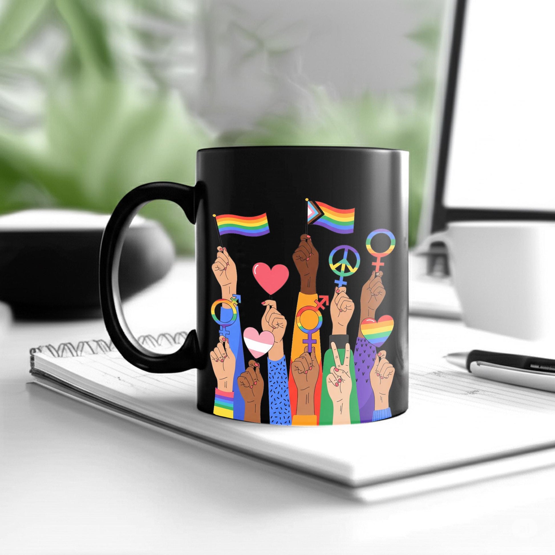 LGBTQ+ Unity Mug – Diverse Pride Fists Coffee Cup – Black Inclusive Equality Gift – Rainbow Love and Protest Design