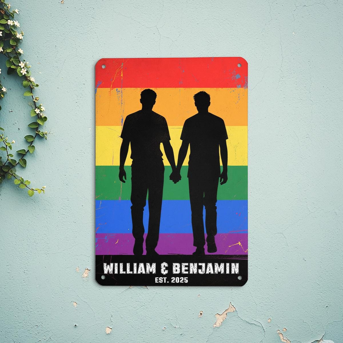 Custom Gay Couple Metal Sign, LGBTQ Pride Silhouette Art, Personalized Names & Est Year, Rainbow Wall Decor, Anniversary Gift, Pride Month