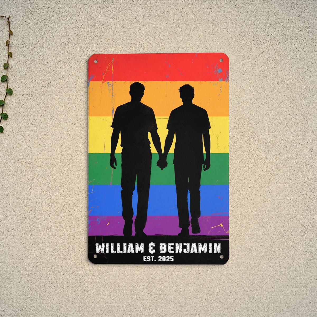 Custom Gay Couple Metal Sign, LGBTQ Pride Silhouette Art, Personalized Names & Est Year, Rainbow Wall Decor, Anniversary Gift, Pride Month