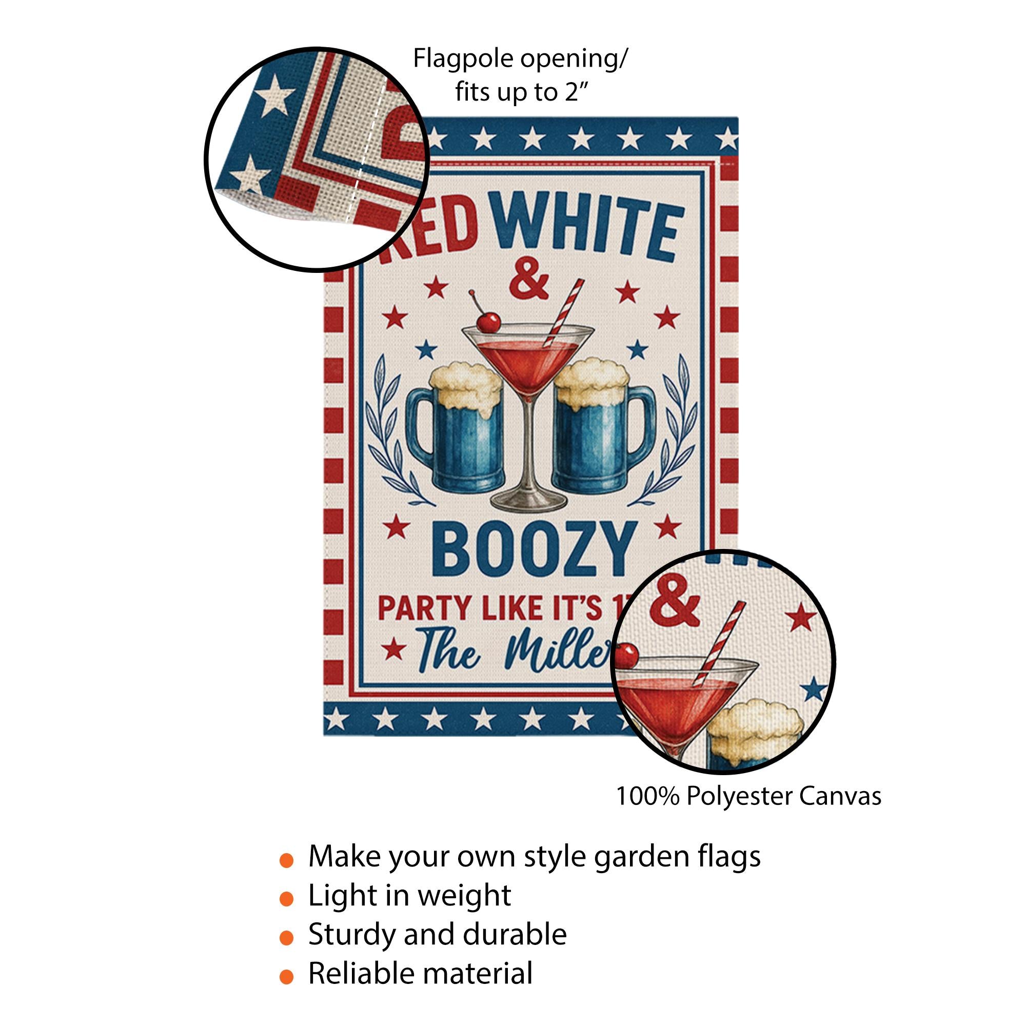 Red White & Boozy Garden Flag – 4th of July Yard Decor – Patriotic Party Outdoor Sign – Custom Family Name Summer Flag
