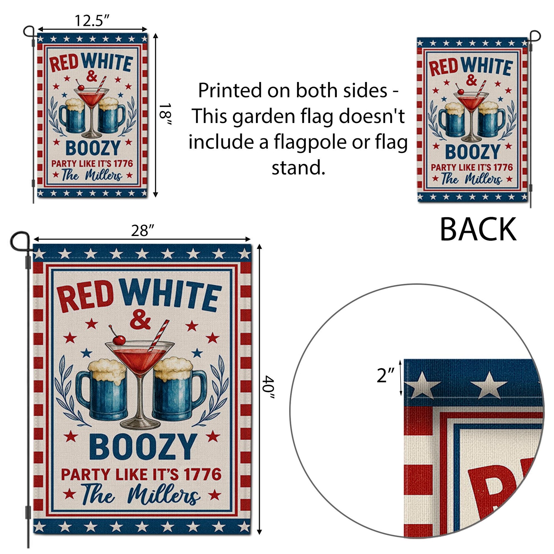 Red White & Boozy Garden Flag – 4th of July Yard Decor – Patriotic Party Outdoor Sign – Custom Family Name Summer Flag