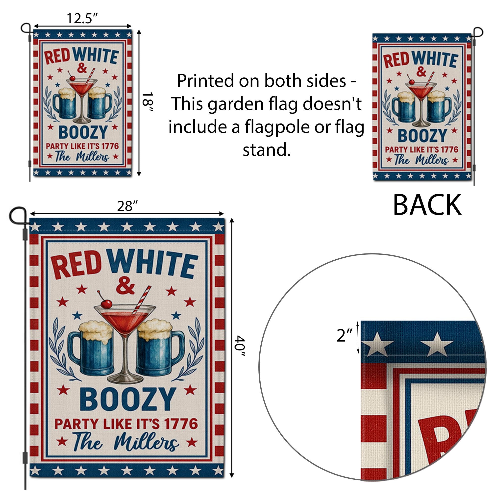 Red White & Boozy Garden Flag – 4th of July Yard Decor – Patriotic Party Outdoor Sign – Custom Family Name Summer Flag