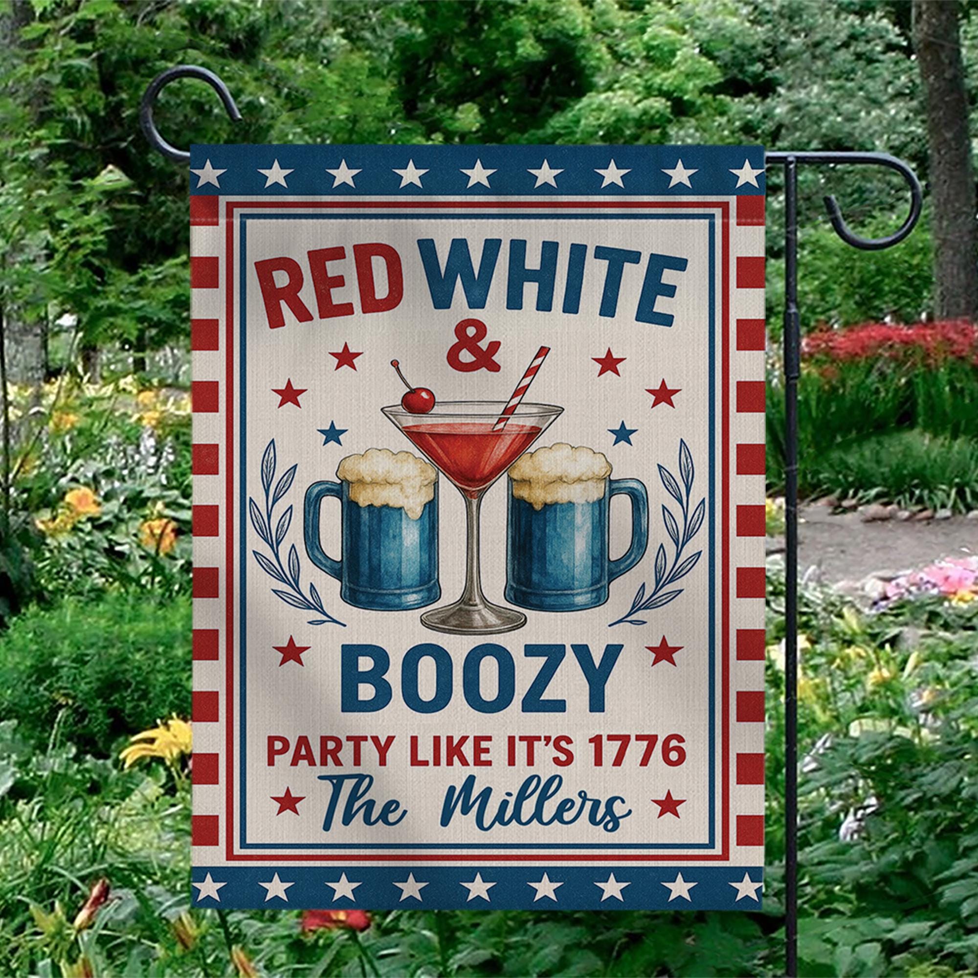 Red White & Boozy Garden Flag – 4th of July Yard Decor – Patriotic Party Outdoor Sign – Custom Family Name Summer Flag