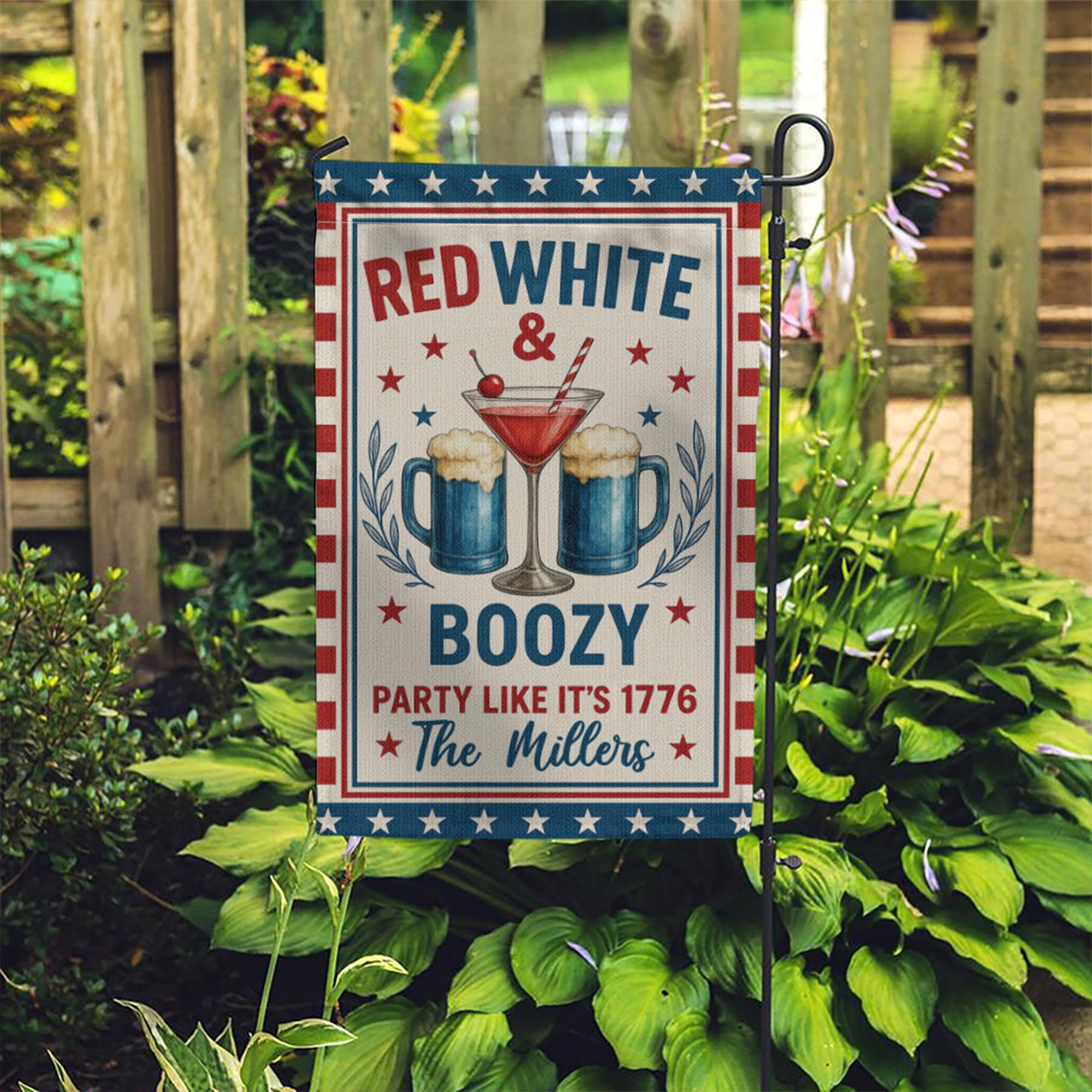 Red White & Boozy Garden Flag – 4th of July Yard Decor – Patriotic Party Outdoor Sign – Custom Family Name Summer Flag
